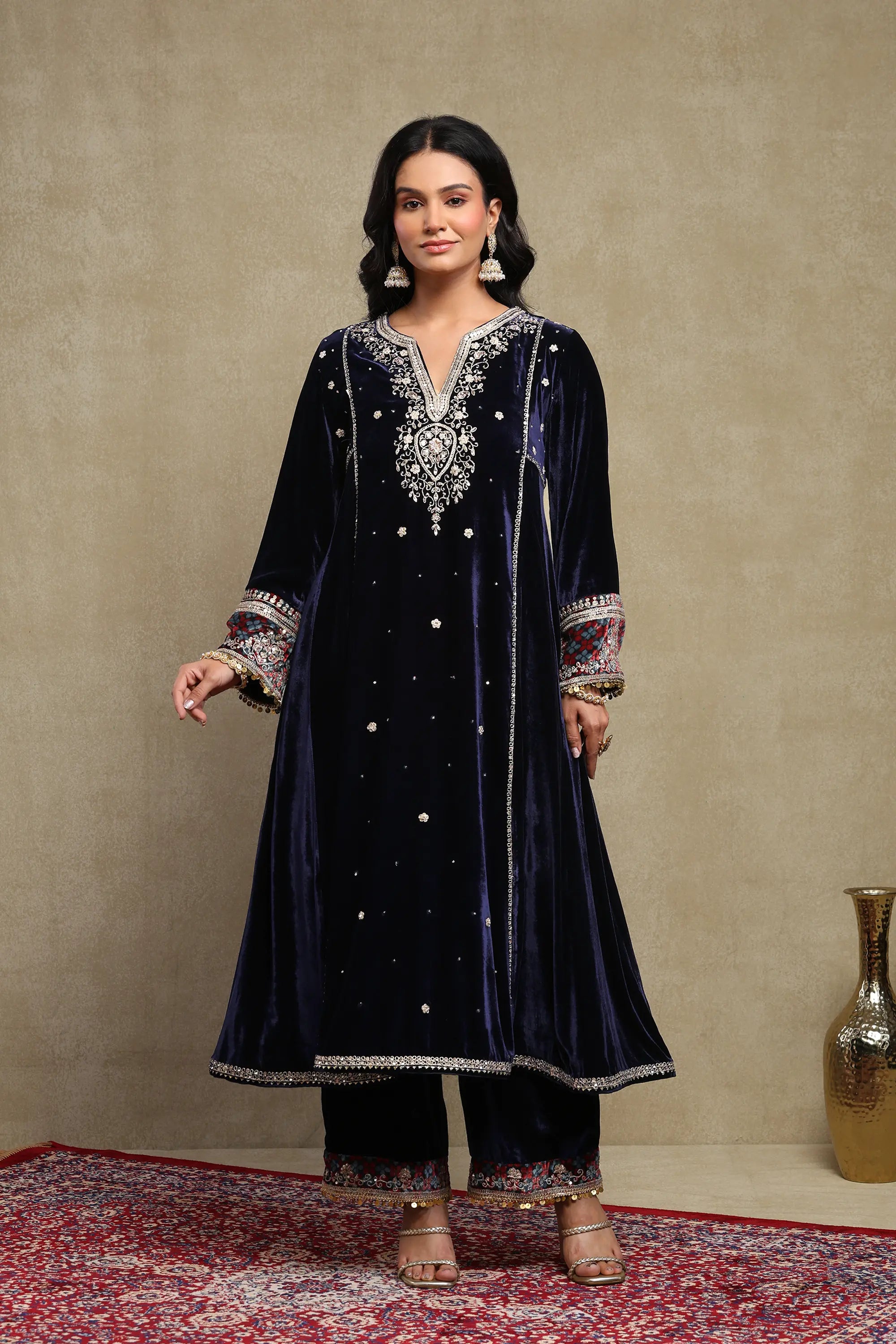 Sahira Navy Blue Embroidered Silk Velvet A-Line Kurta Set