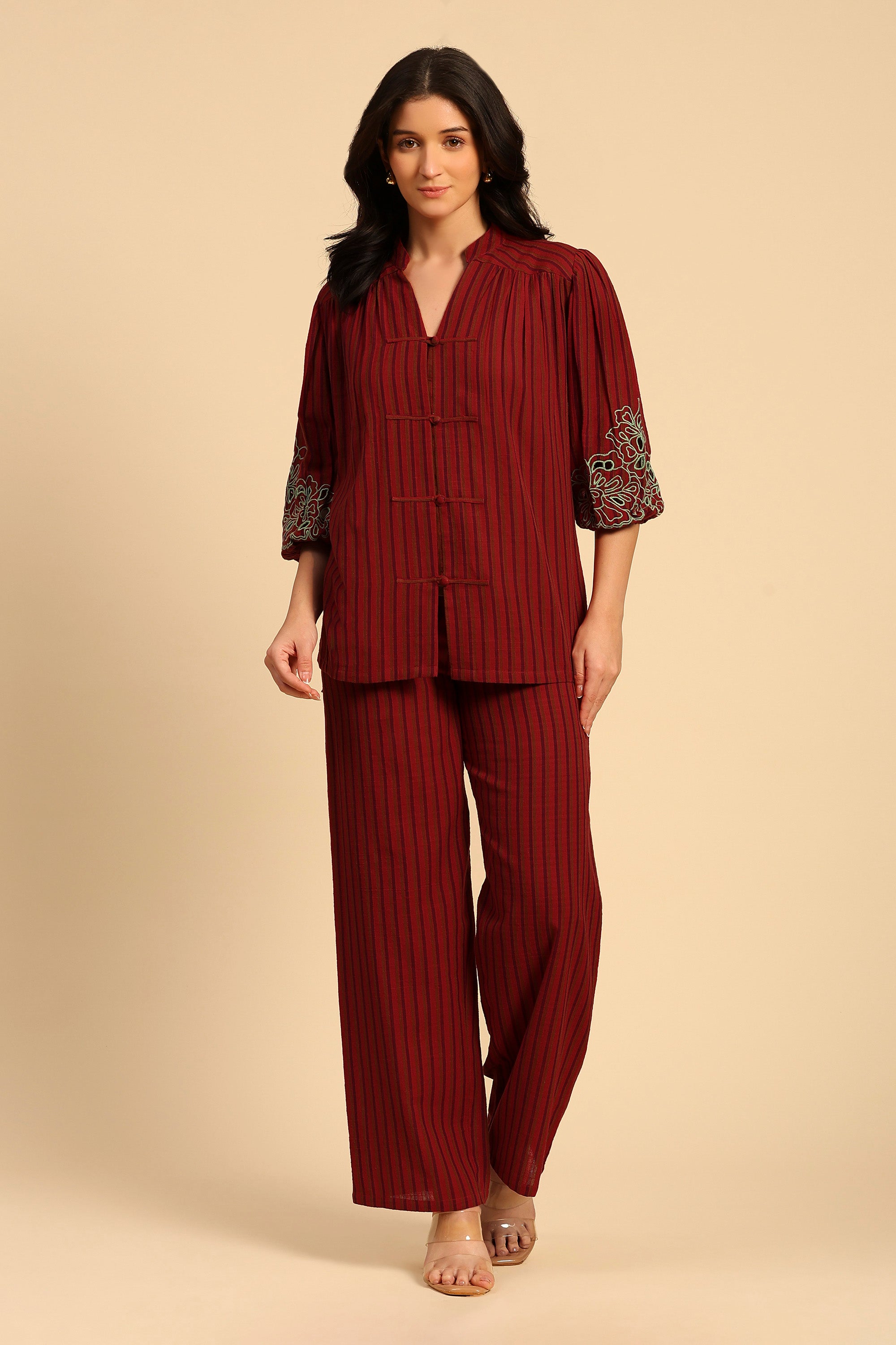 Sama Red & Purple Embroidered Yarn Dyed Handcrafted Co-ord Set