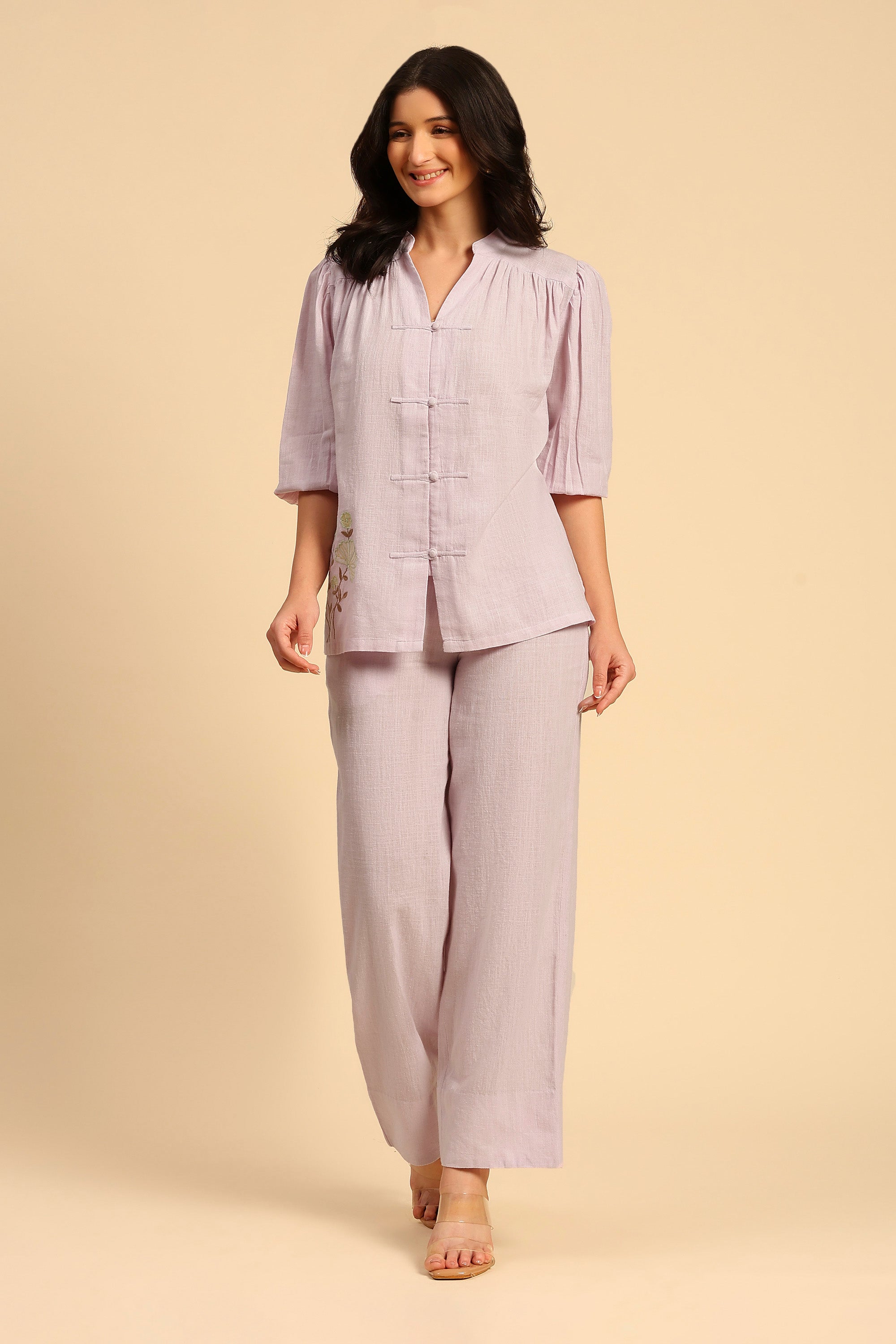 Daphne Light Purple Embroidered Handcrafted Cotton Linen Co-ord Set: