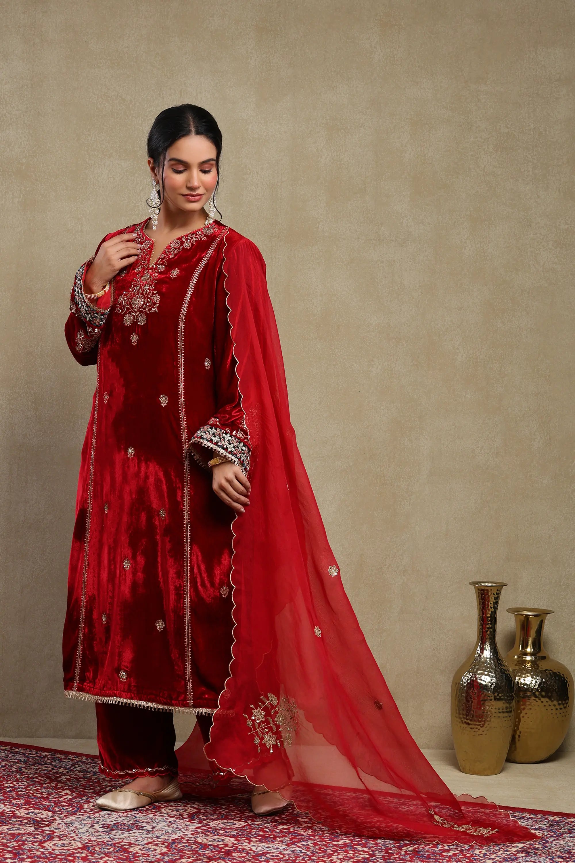 Leena Cherry Red Embroidered Silk Velvet Handcrafted Kurta Set
