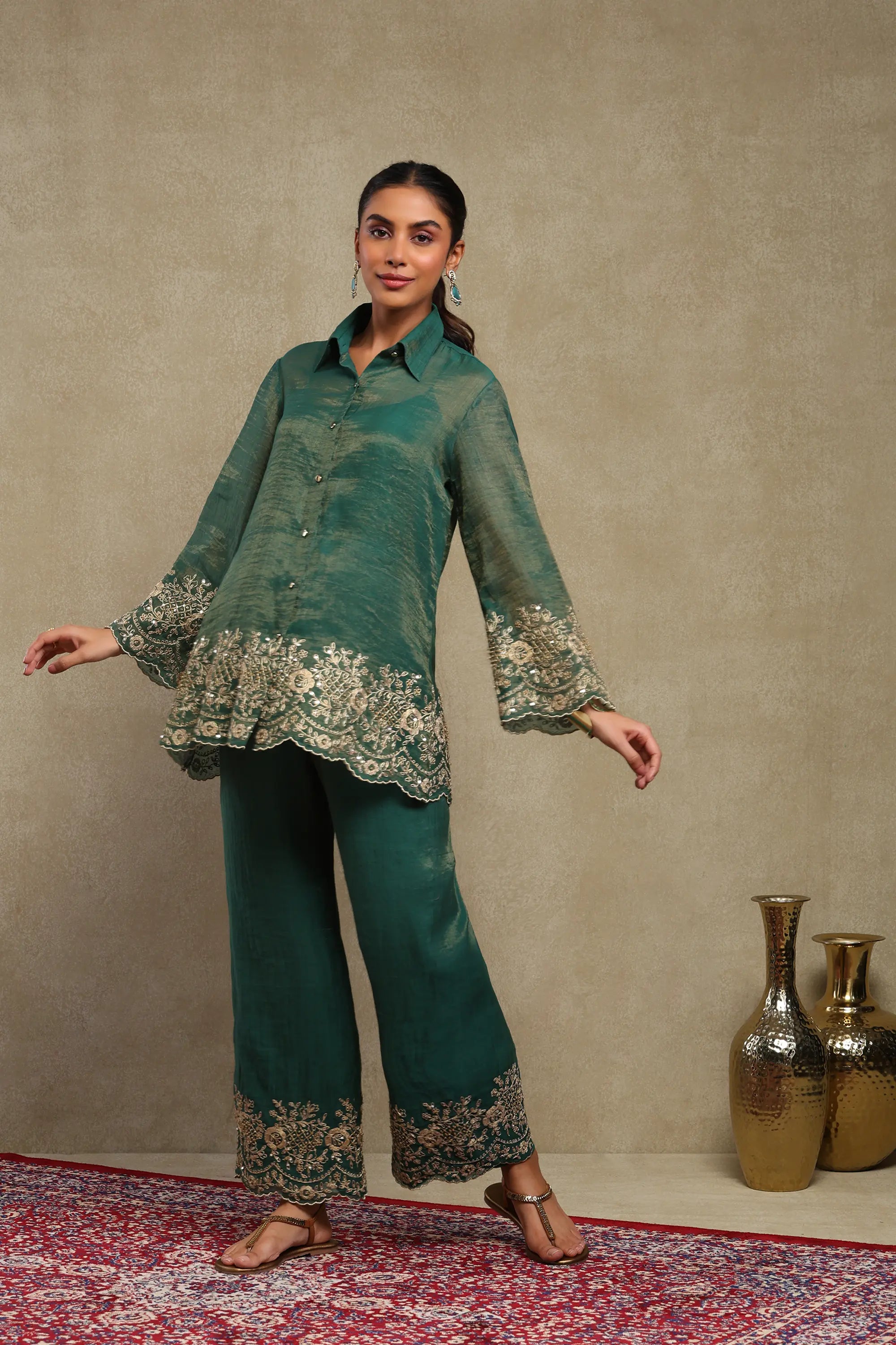 Aadya Emerald Green Hand Embroidered Tissue Chanderi Co-Ord Set