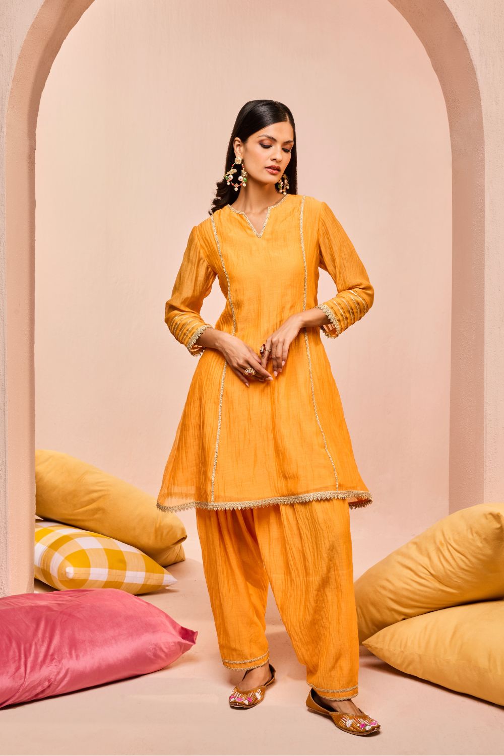 RUMI ORANGE COTTON SILK CHANDERI KURTA SET (READY TO SHIP)