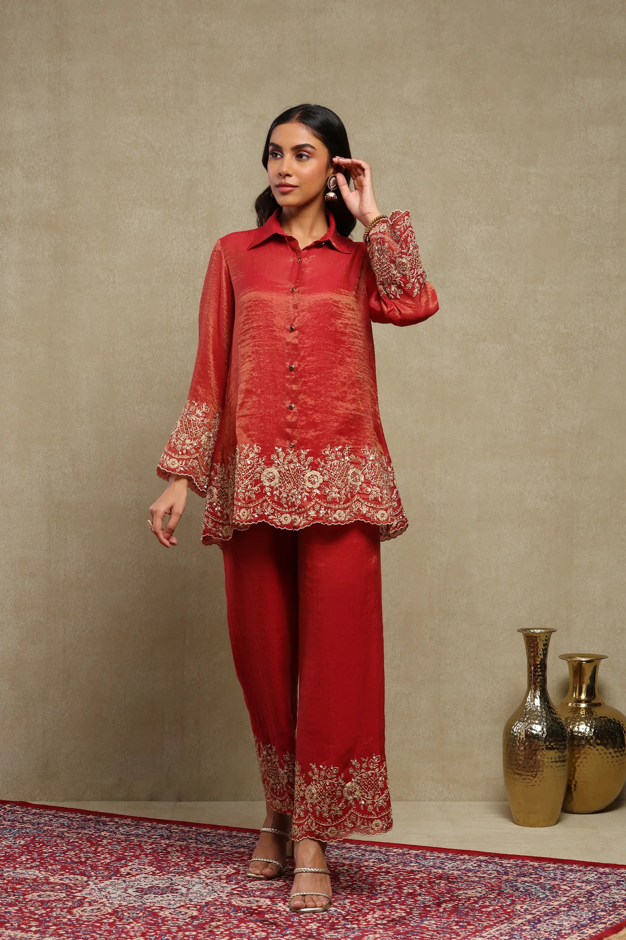 Aadya Red Hand Embroidered Tissue Chanderi Co-Ord Set