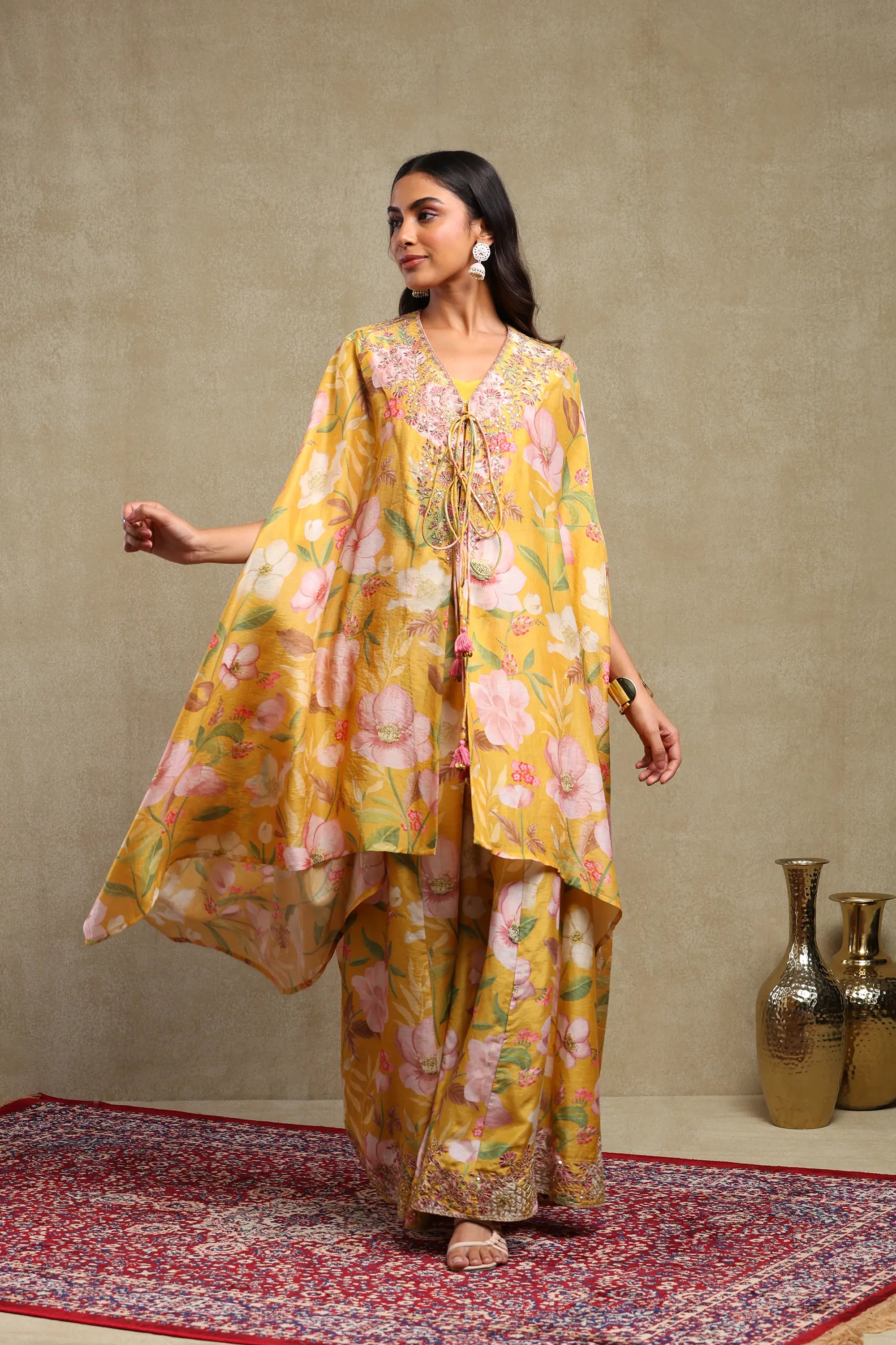 Tanisha Mustard Floral Printed Hand Embroidered Lightweight Chanderi Kaftan Set