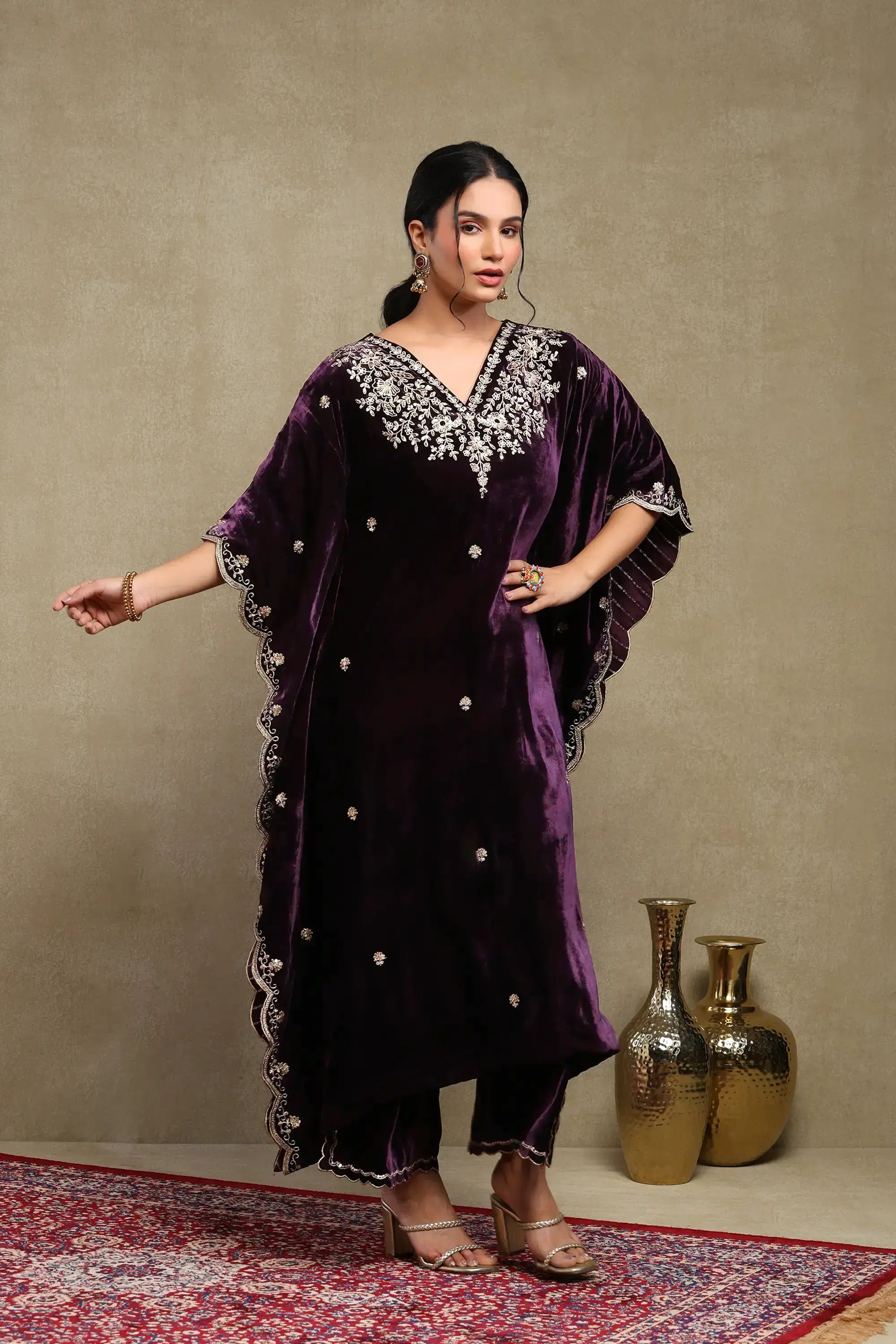 Zainab Purple Embroidered Silk Velvet Kaftan Set