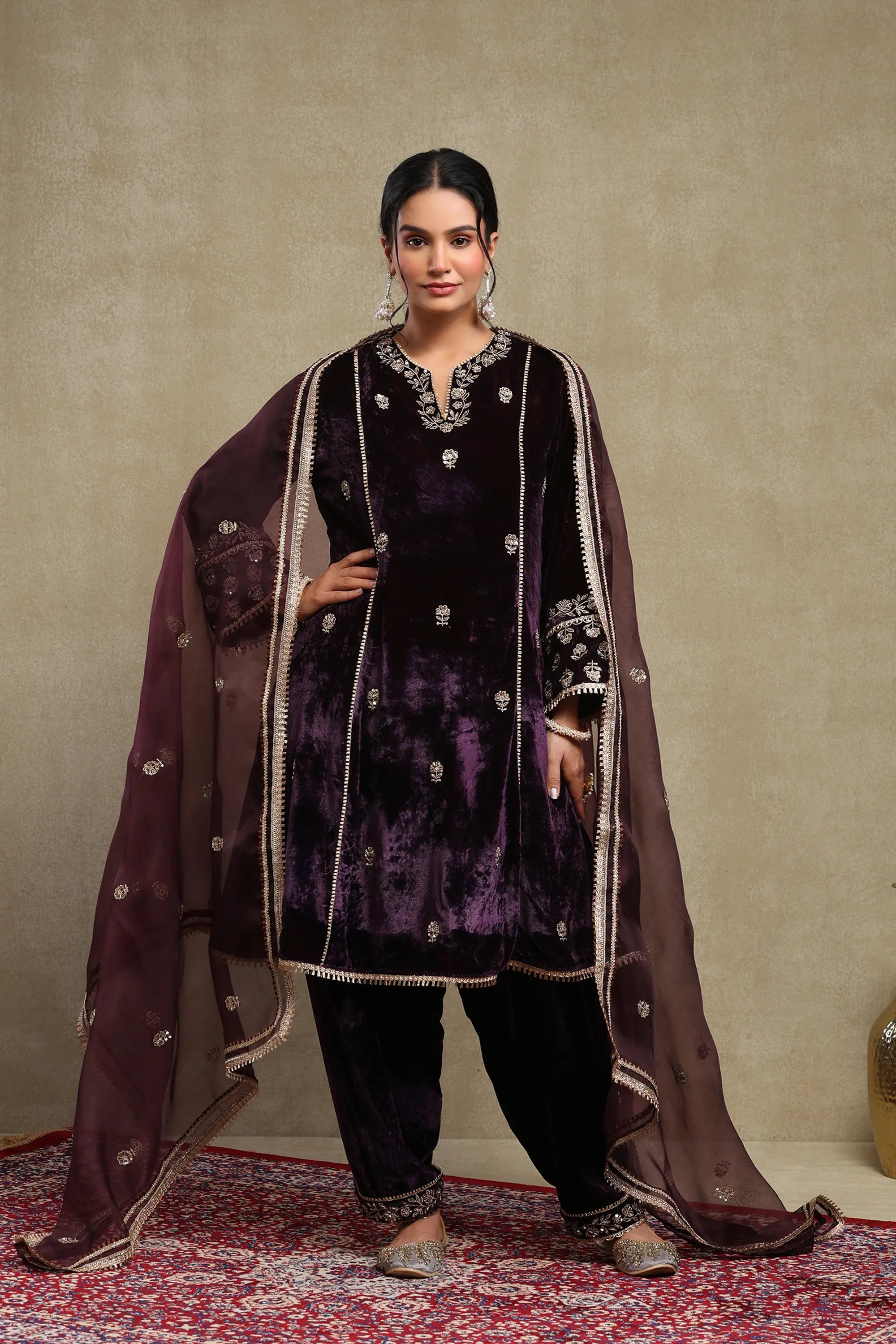 Raabta Purple Embroidered Silk Velvet Kurta Set