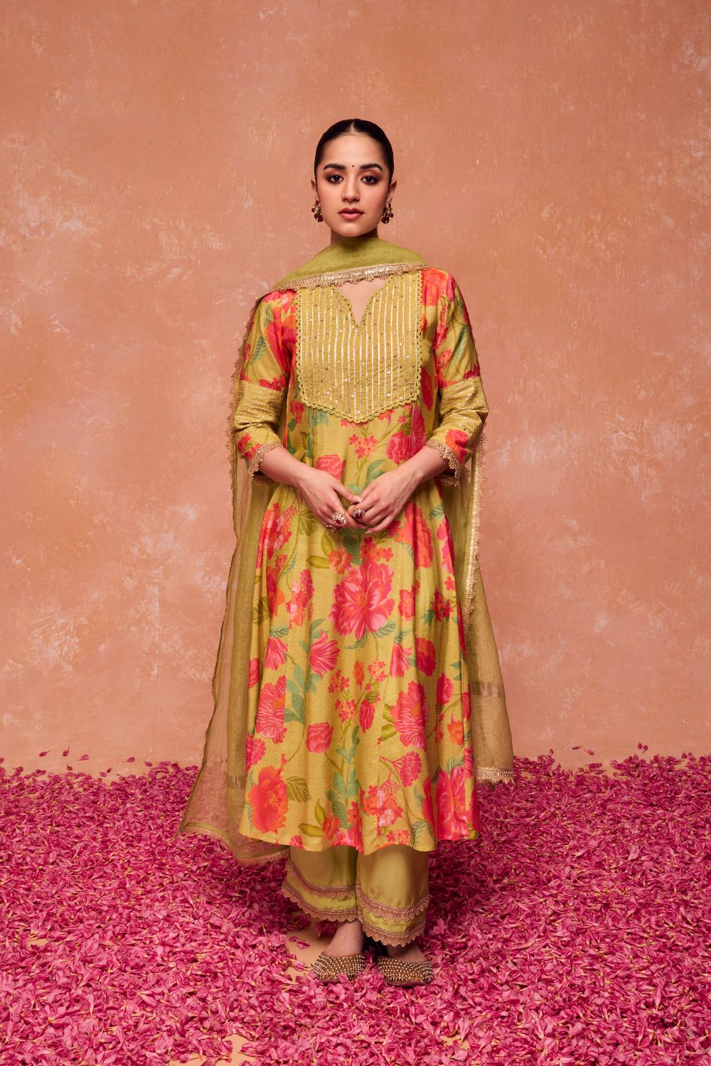 Dohr | Green a line festive kurta set with Dupatta
