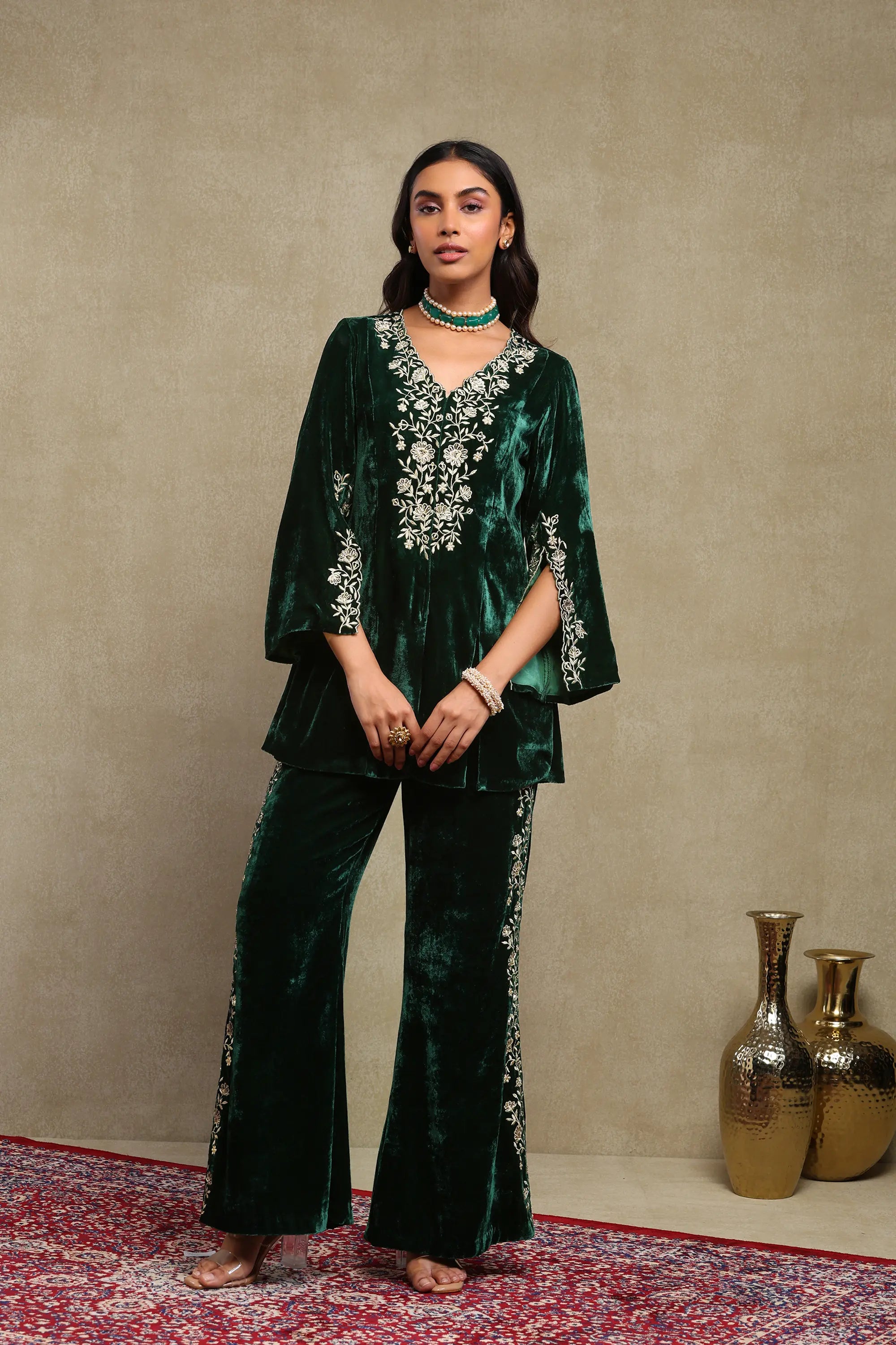 Maisha Forest Green Hand Embroidered Silk Velvet Co-Ord Set