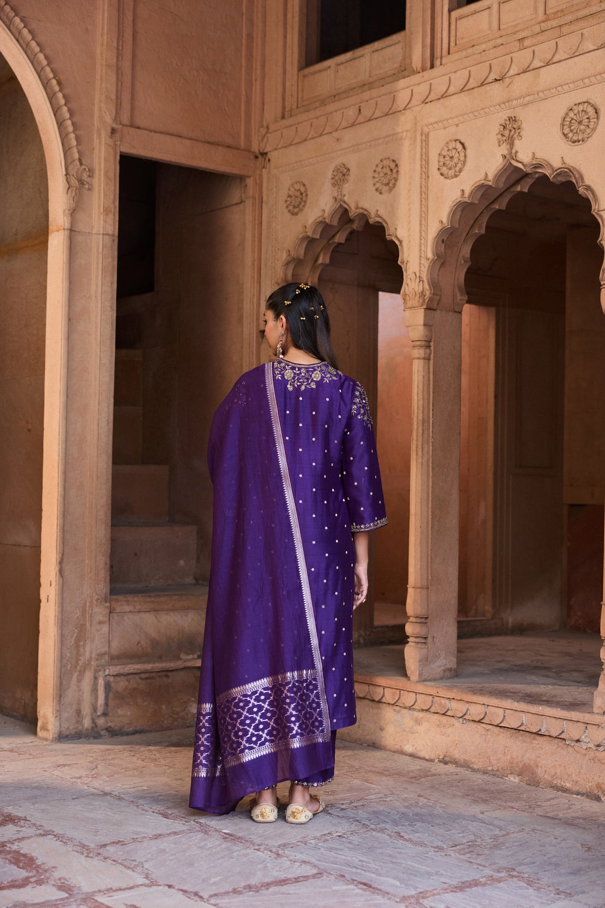 RUKMINI BANARASI CHANDERI JACQUARD HANDCRAFTED PURPLE STRAIGHT KURTA SET