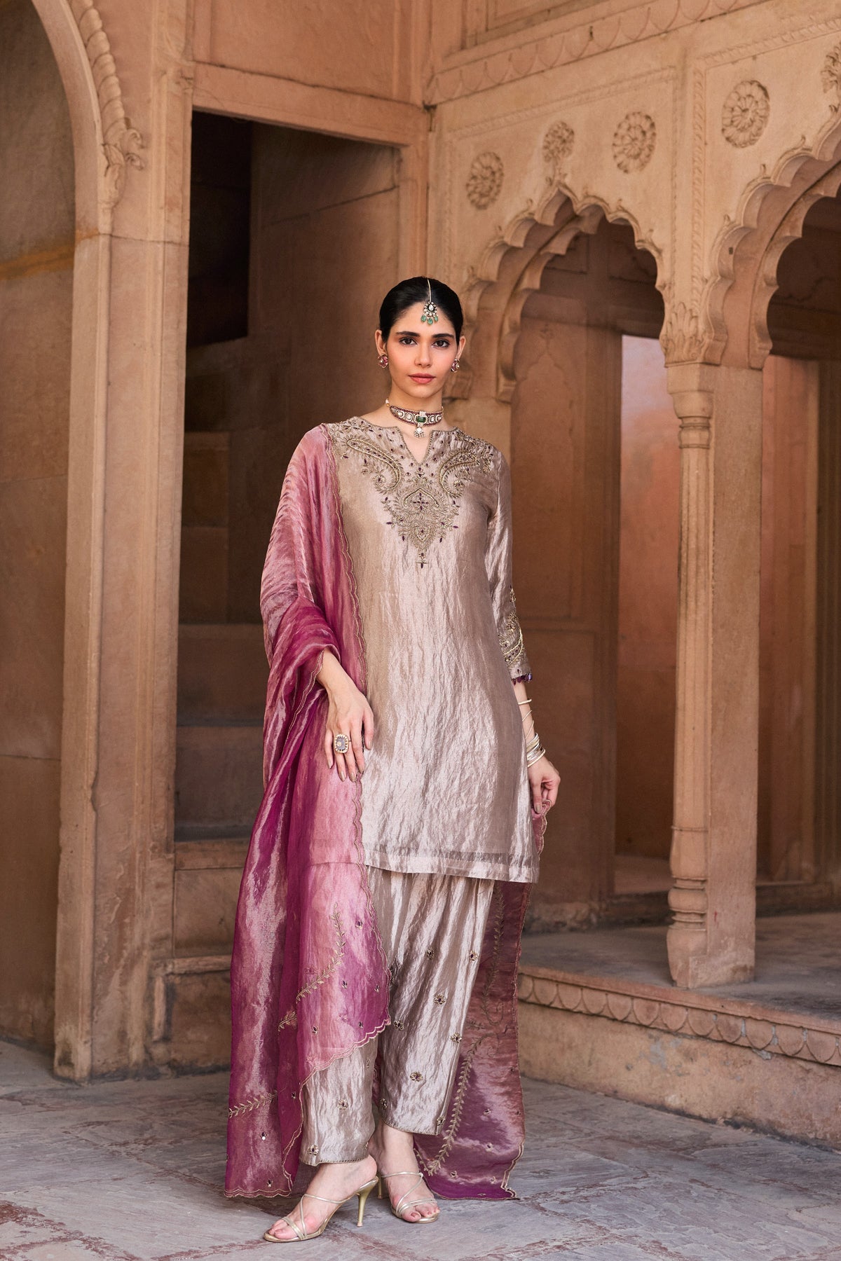 KHWAAB SILK TISSUE HANDCRAFTED SILVER A-LINE KURTA SET
