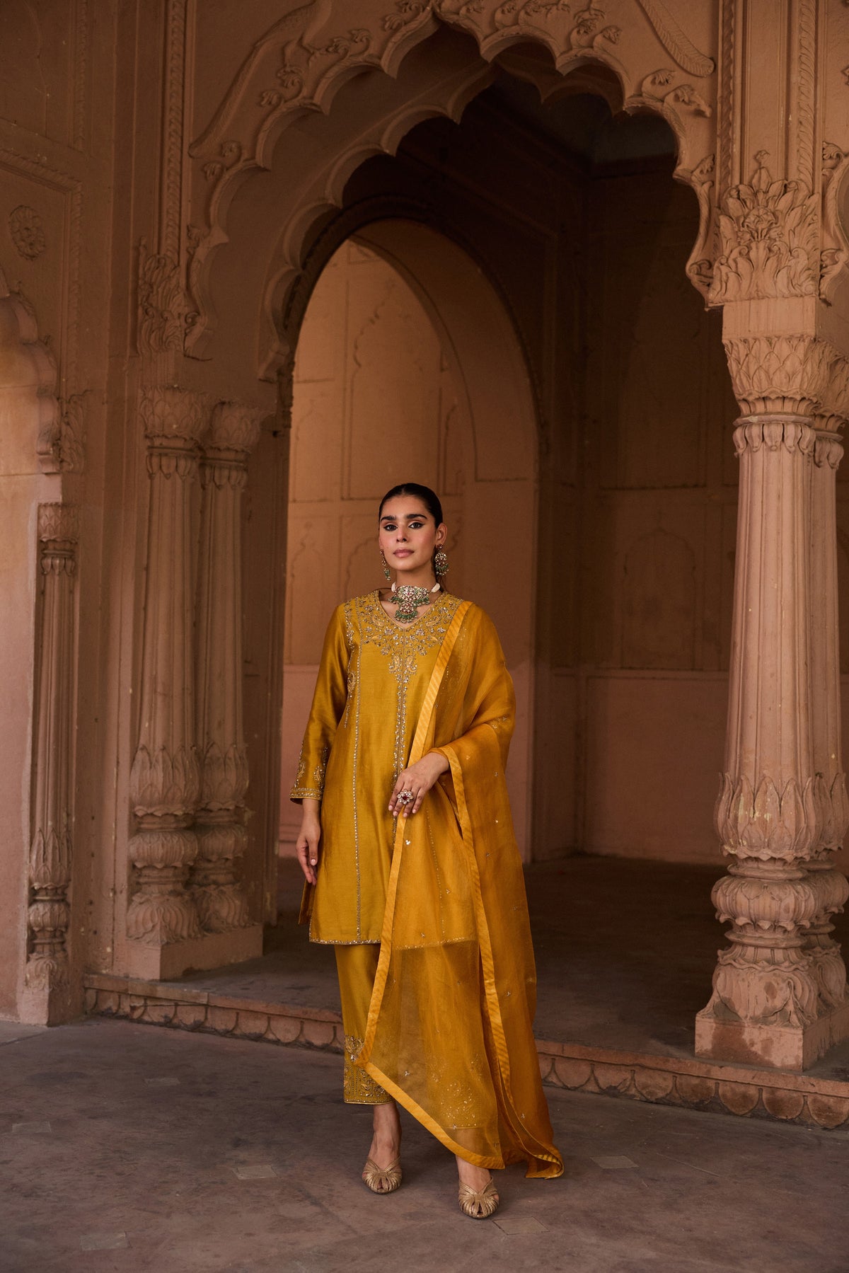 RAAGINI SILK CHANDERI HANDCRAFTED MUSTARD STRAIGHT KURTA SET