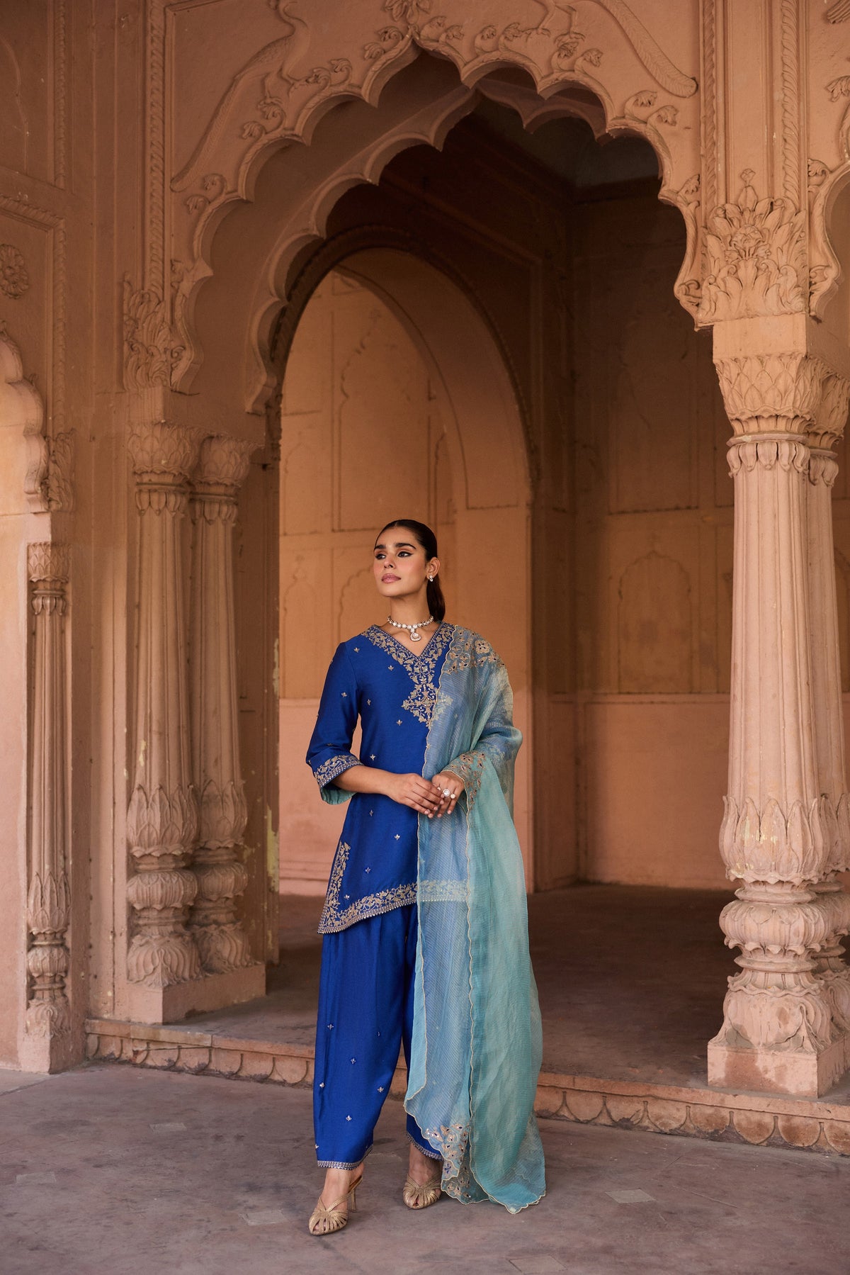 REET SILK CHANDERI HANDCRAFTED ROYAL BLUE KURTA SET WITH FARSHI SALWAR