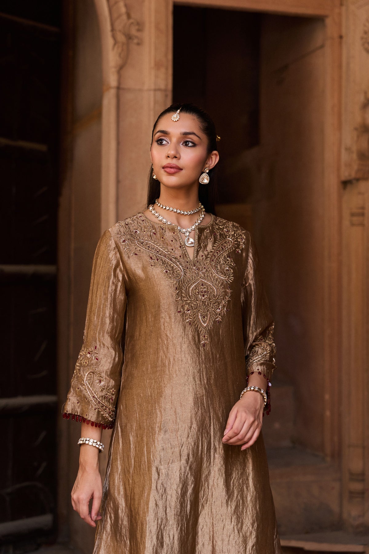 KHWAAB SILK TISSUE HANDCRAFTED GOLD A-LINE KURTA SET