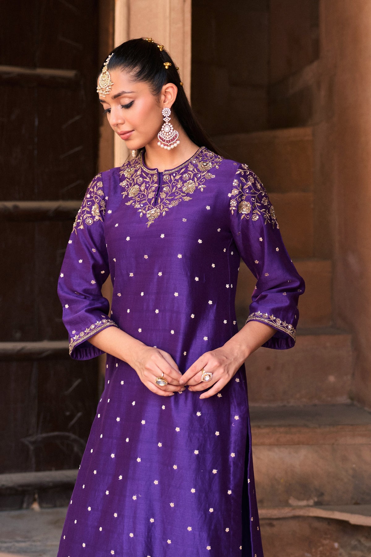 RUKMINI BANARASI CHANDERI JACQUARD HANDCRAFTED PURPLE STRAIGHT KURTA SET