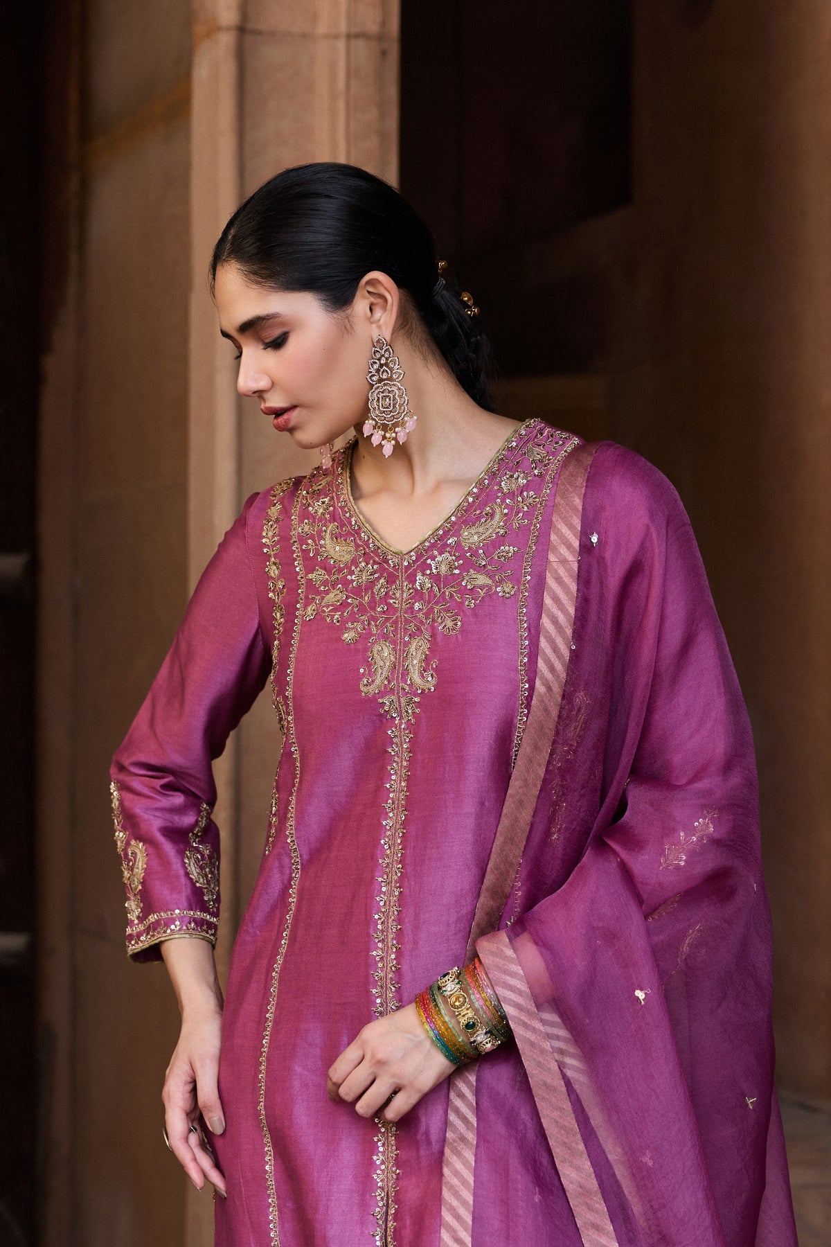 RAAGINI SILK CHANDERI HANDCRAFTED MAUVE STRAIGHT KURTA SET
