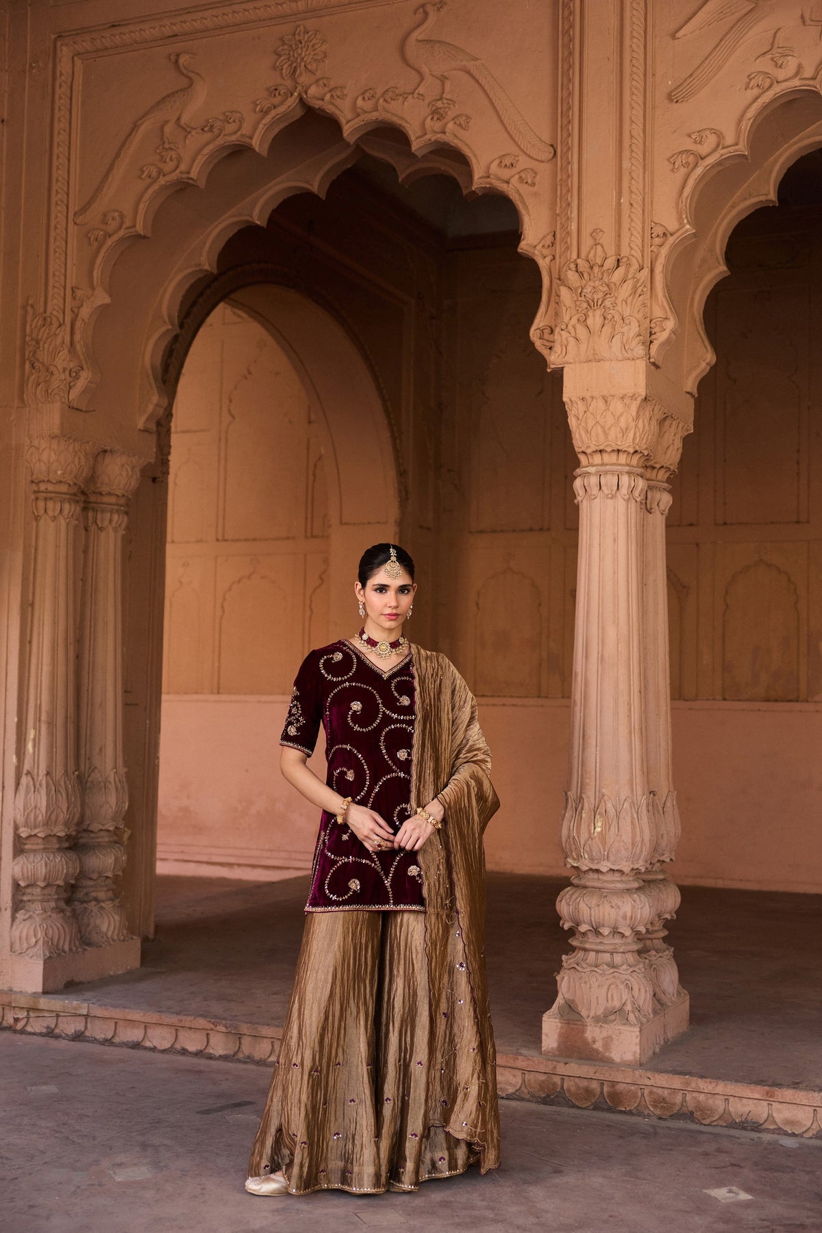 MALLIKA SILK VELVET HANDCRAFTED PLUM KURTA SET WITH SILK TISSUE GHARARA