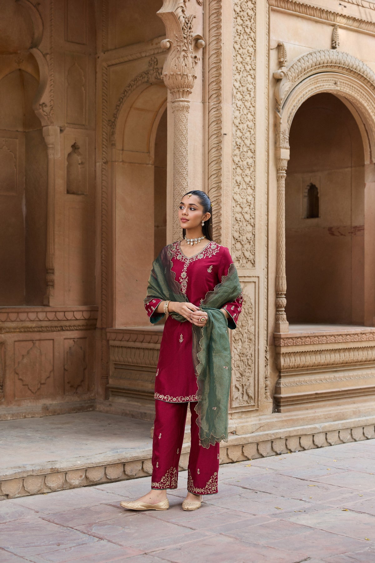 ASMI SILK CHANDERI HANDCRAFTED RED STRAIGHT KURTA SET