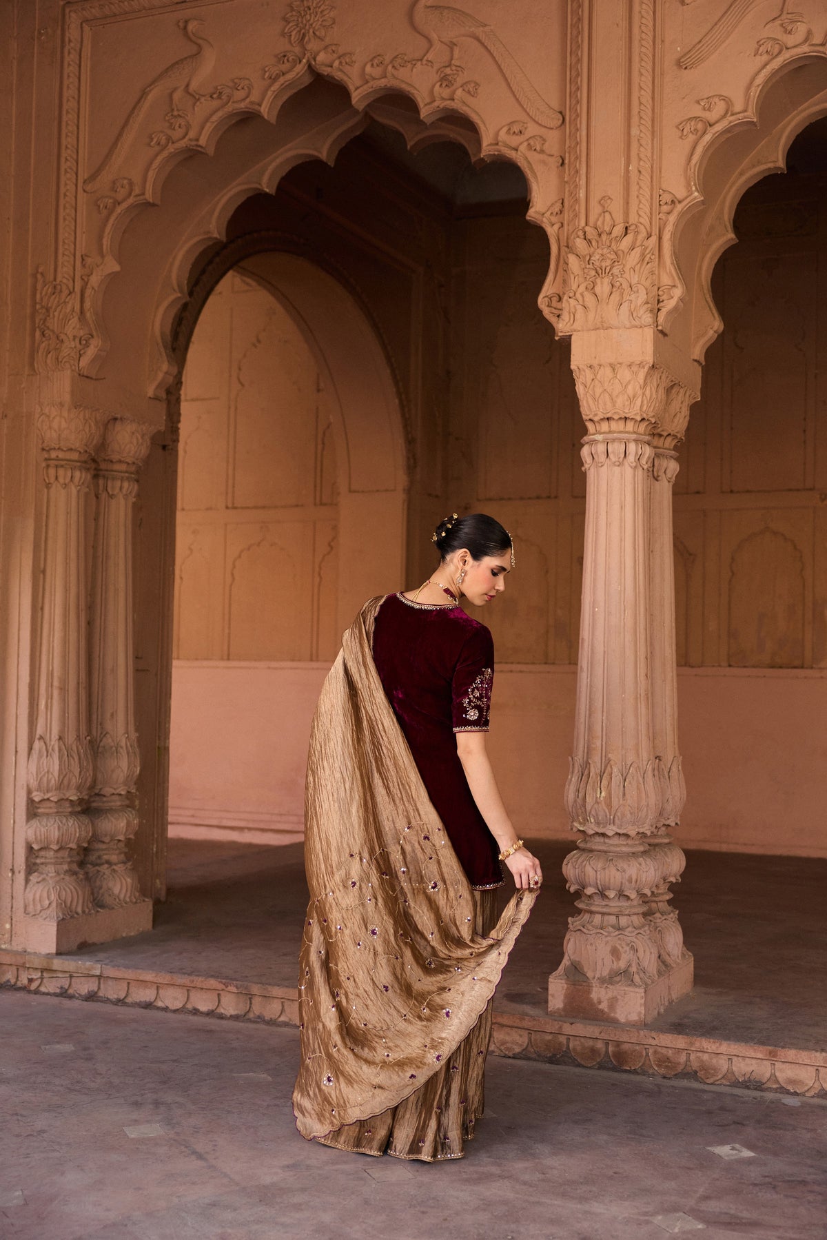 MALLIKA SILK VELVET HANDCRAFTED PLUM KURTA SET WITH SILK TISSUE GHARARA