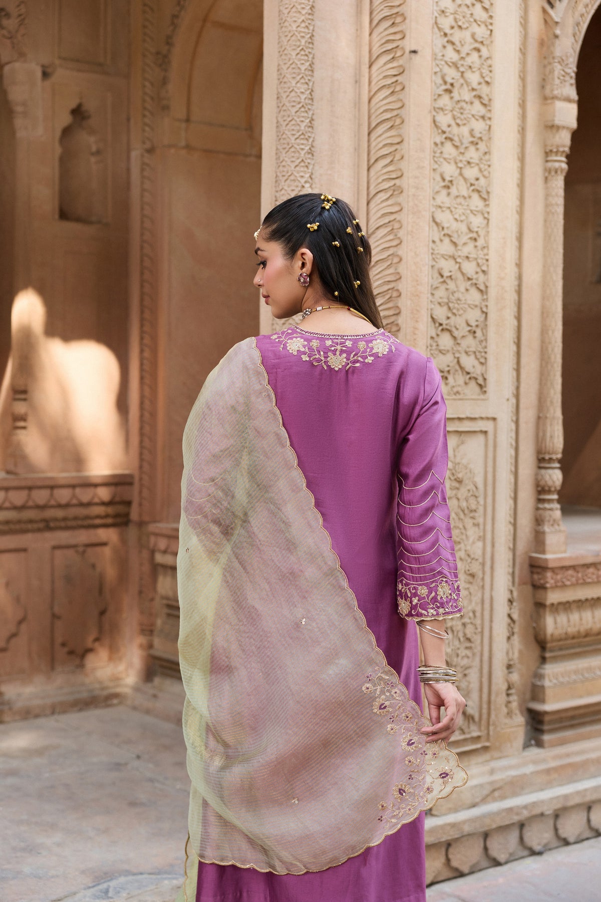 NANDINI SILK CHANDERI HANDCRAFTED MAUVE STRAIGHT KURTA SET