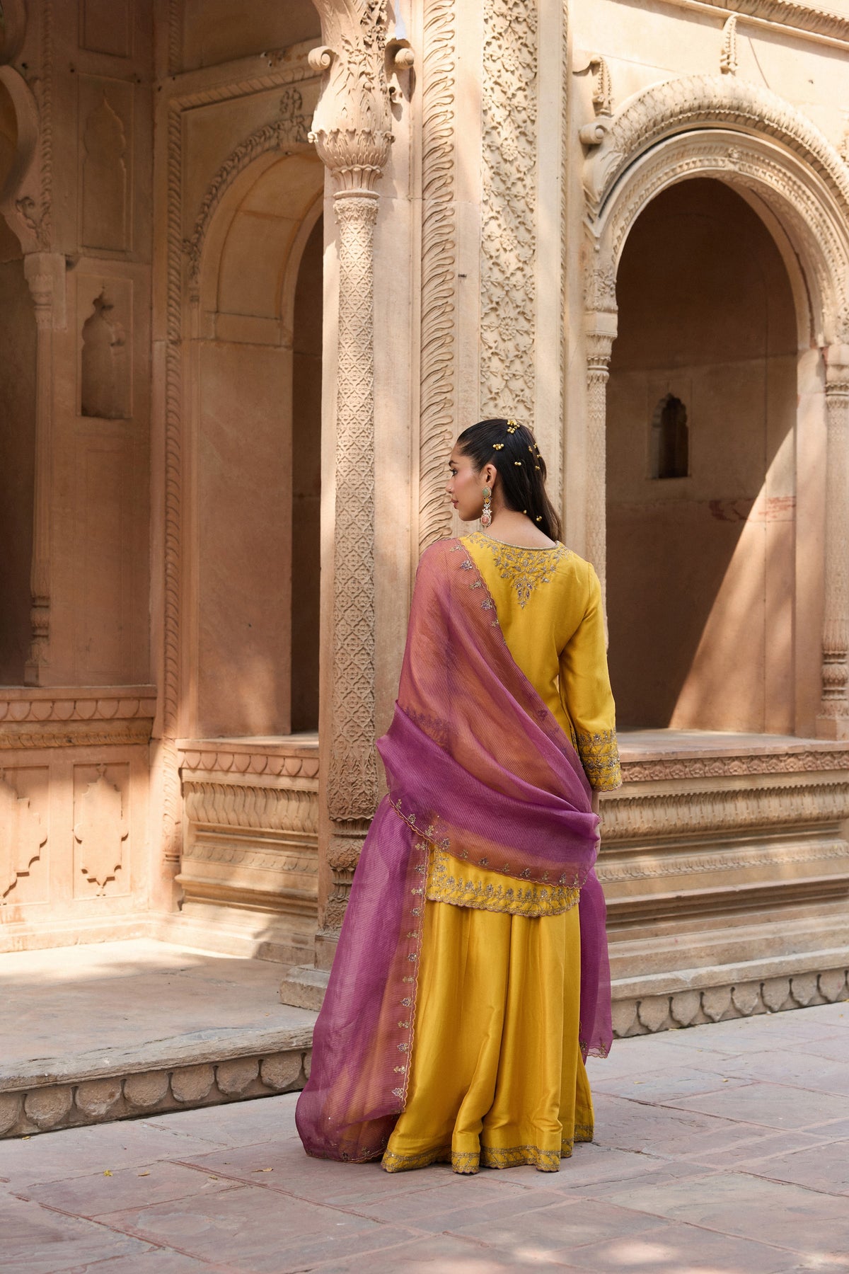GHAZAL PURE SILK HANDCRAFTED YELLOW KURTA SET WITH SHARARA