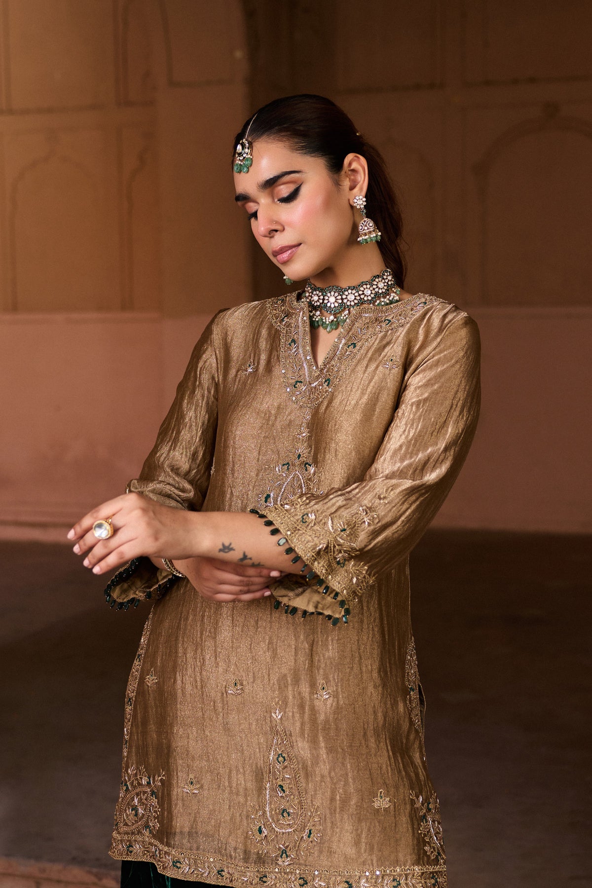 SHABANA SILK TISSUE HANDCRAFTED GOLD KURTA SET WITH SHARARA