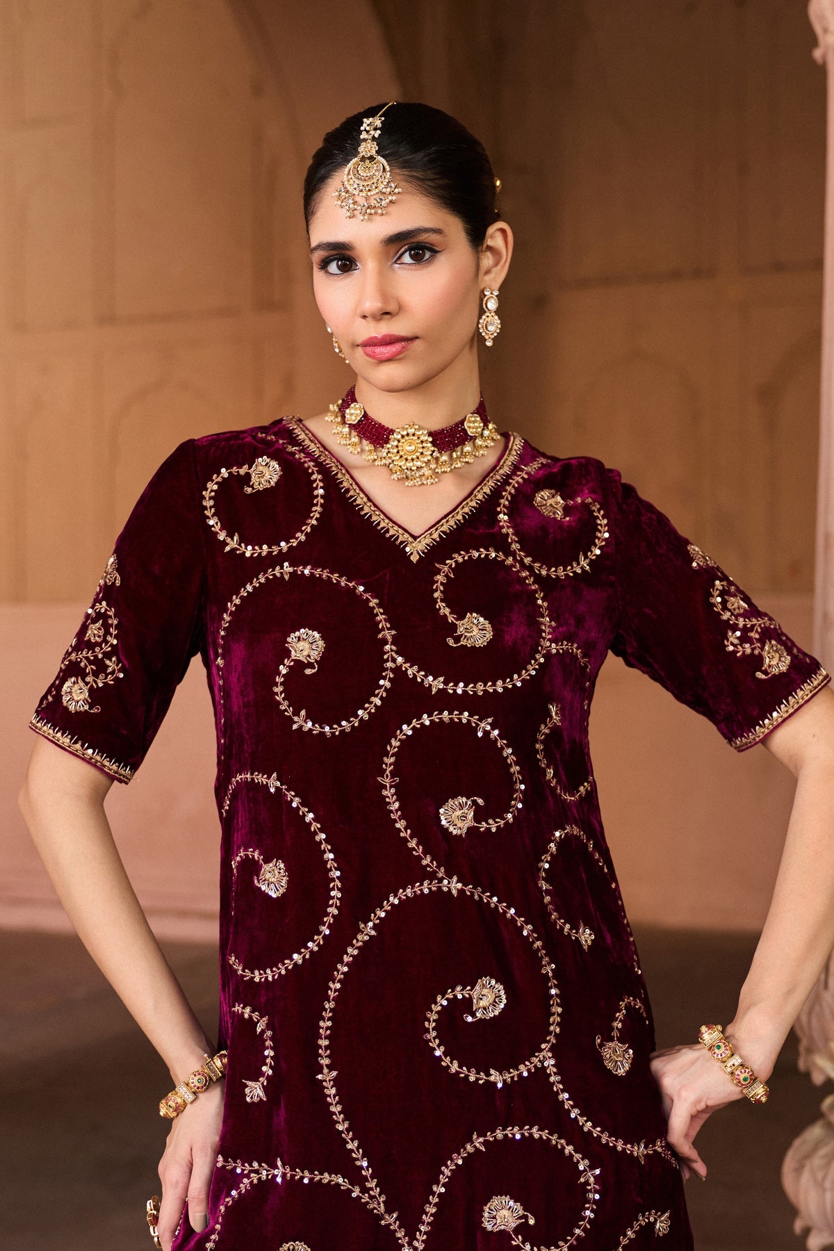 MALLIKA SILK VELVET HANDCRAFTED PLUM KURTA SET WITH SILK TISSUE GHARARA