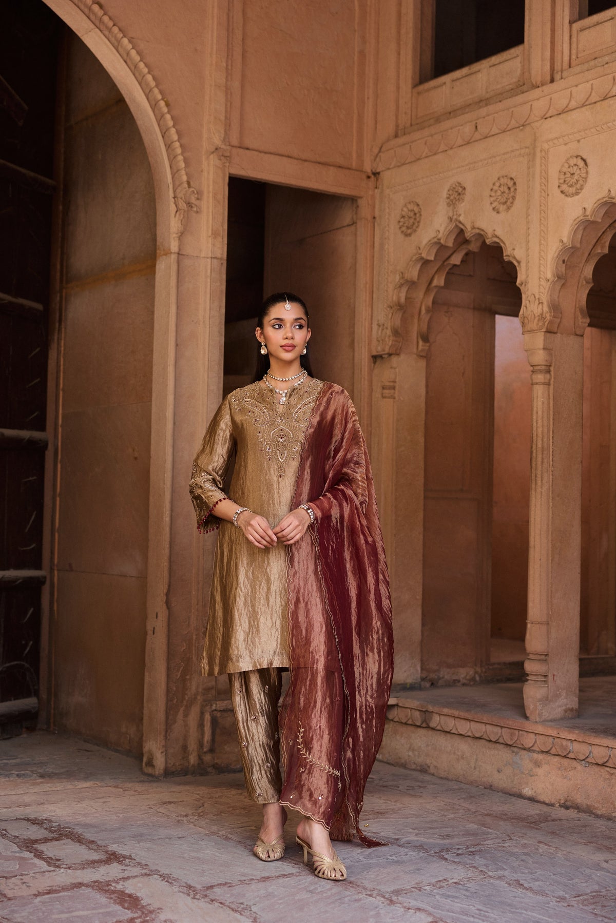 KHWAAB SILK TISSUE HANDCRAFTED GOLD A-LINE KURTA SET
