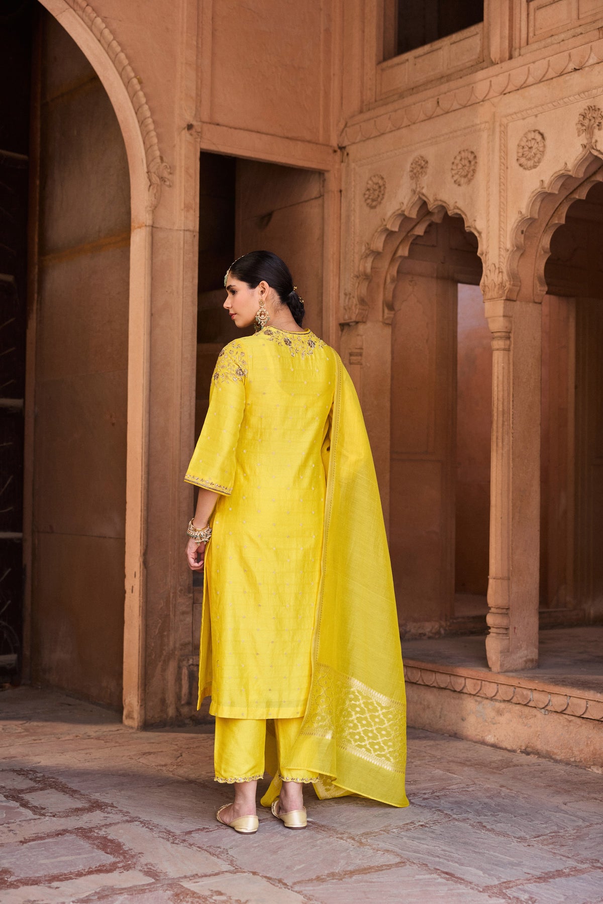 RUKMINI BANARASI CHANDERI JACQUARD HANDCRAFTED YELLOW STRAIGHT KURTA SET