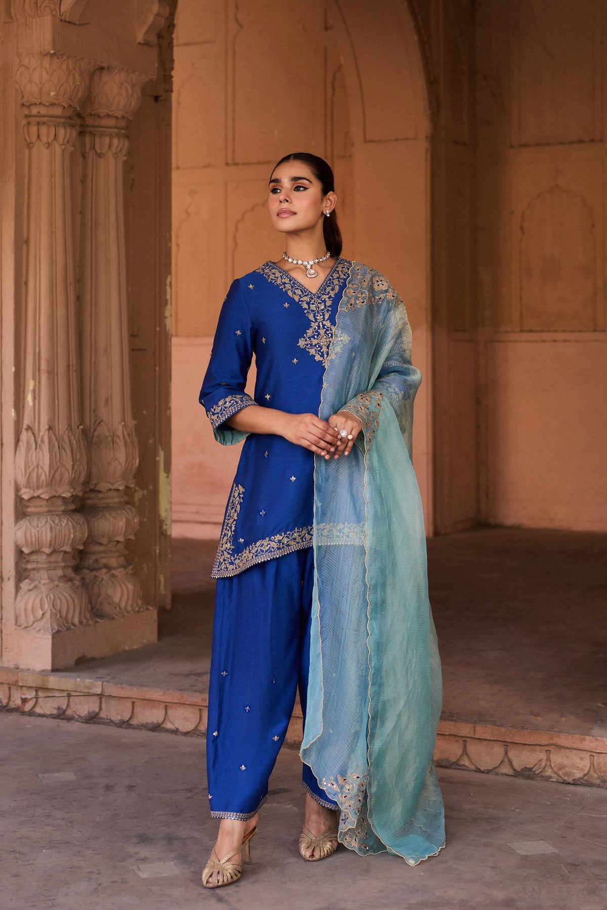 REET SILK CHANDERI HANDCRAFTED ROYAL BLUE KURTA SET WITH FARSHI SALWAR