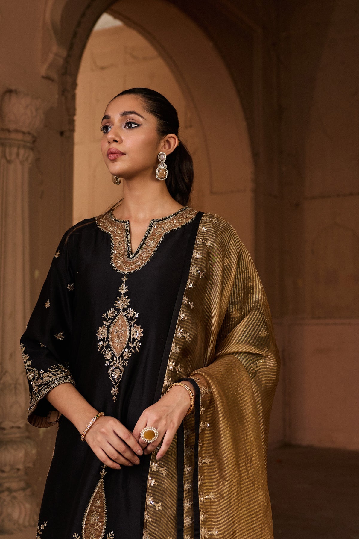 SHAHEEN SILK CHANDERI HANDCRAFTED BLACK KURTA SET WITH FARSHI SALWAR
