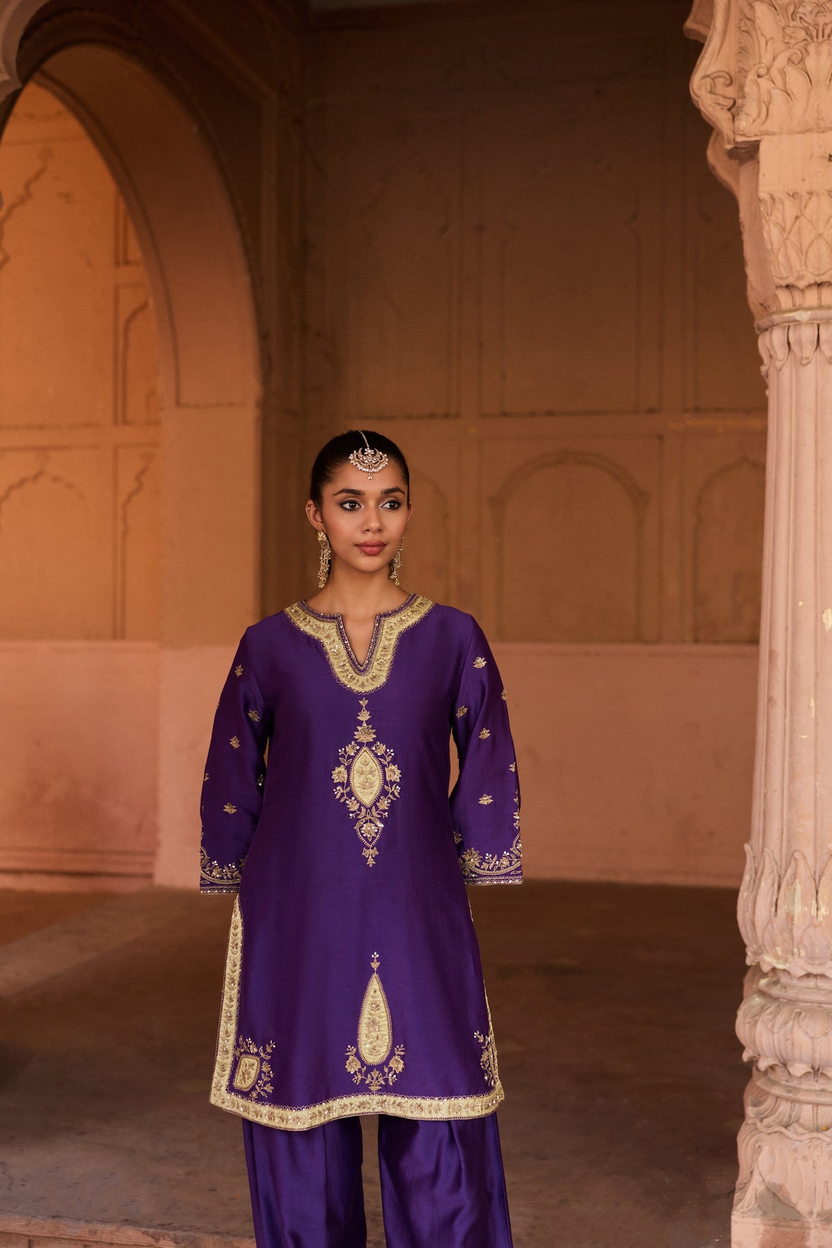 SHAHEEN SILK CHANDERI HANDCRAFTED PURPLE KURTA SET WITH FARSHI SALWAR