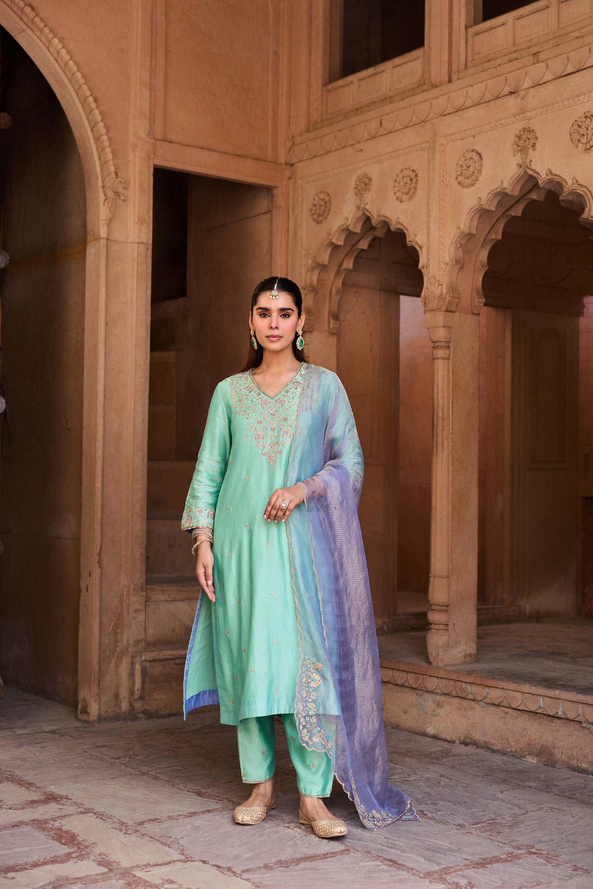 NANDINI SILK CHANDERI HANDCRAFTED TURQUOISE STRAIGHT KURTA SET