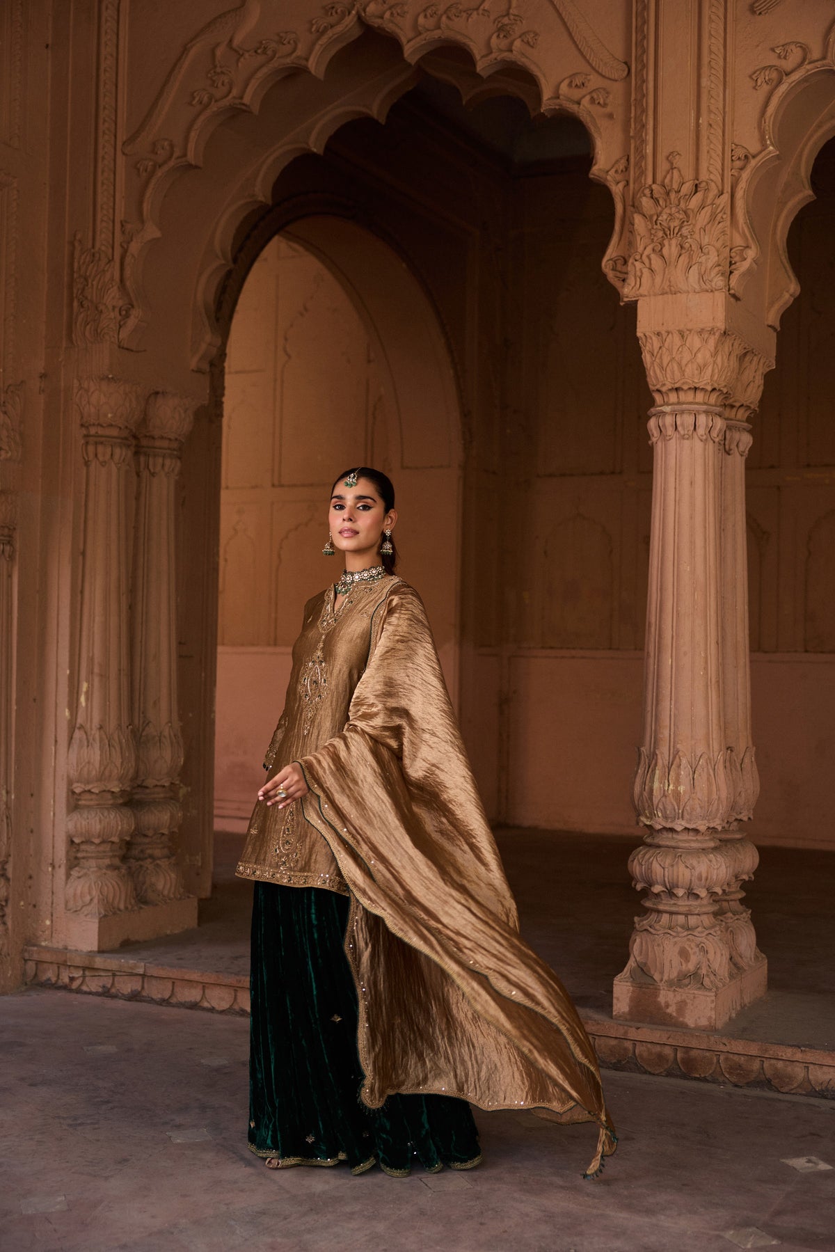 SHABANA SILK TISSUE HANDCRAFTED GOLD KURTA SET WITH SHARARA