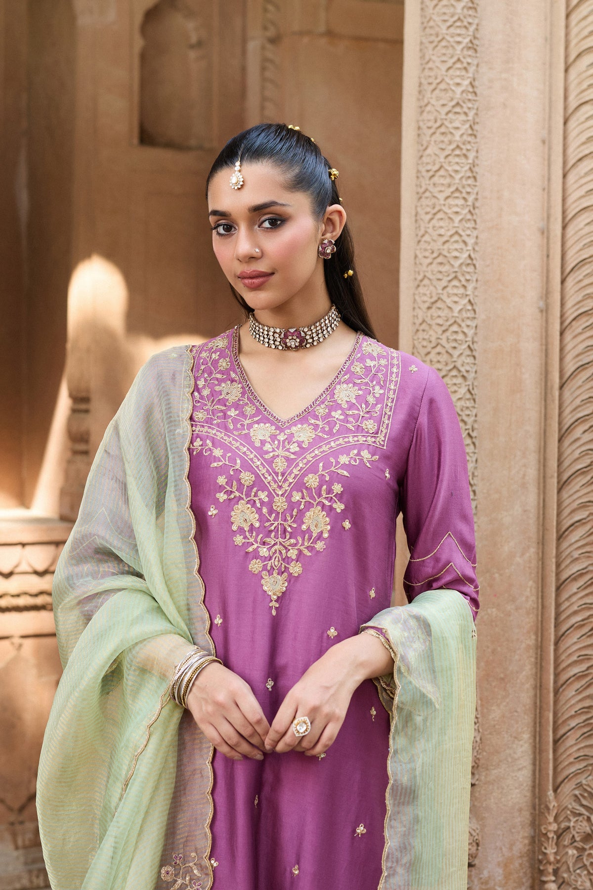 NANDINI SILK CHANDERI HANDCRAFTED MAUVE STRAIGHT KURTA SET
