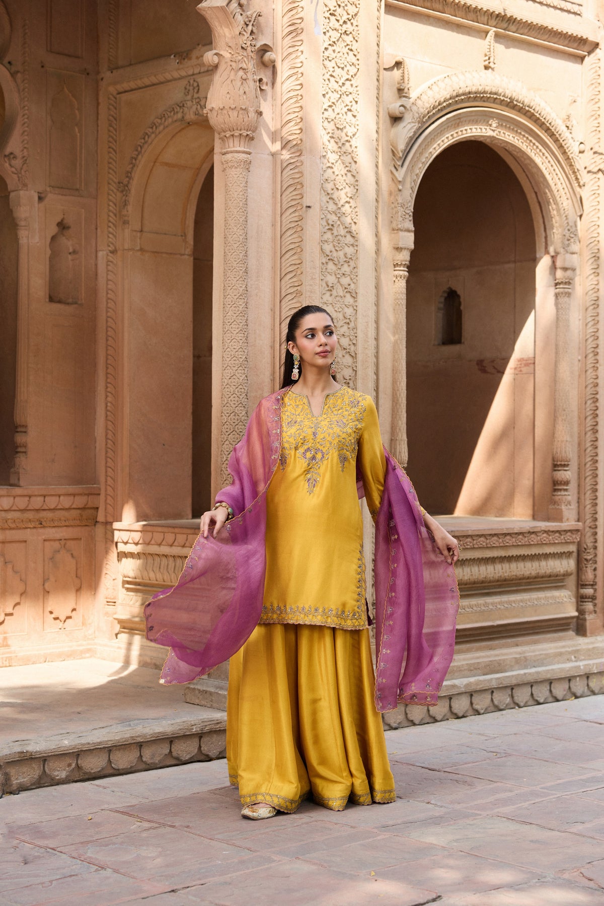 GHAZAL PURE SILK HANDCRAFTED YELLOW KURTA SET WITH SHARARA