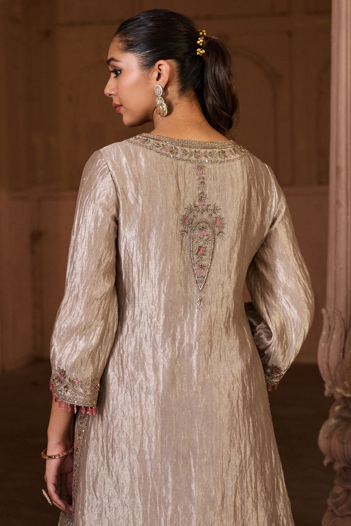 SHABANA SILK TISSUE HANDCRAFTED SILVER KURTA SET WITH SHARARA