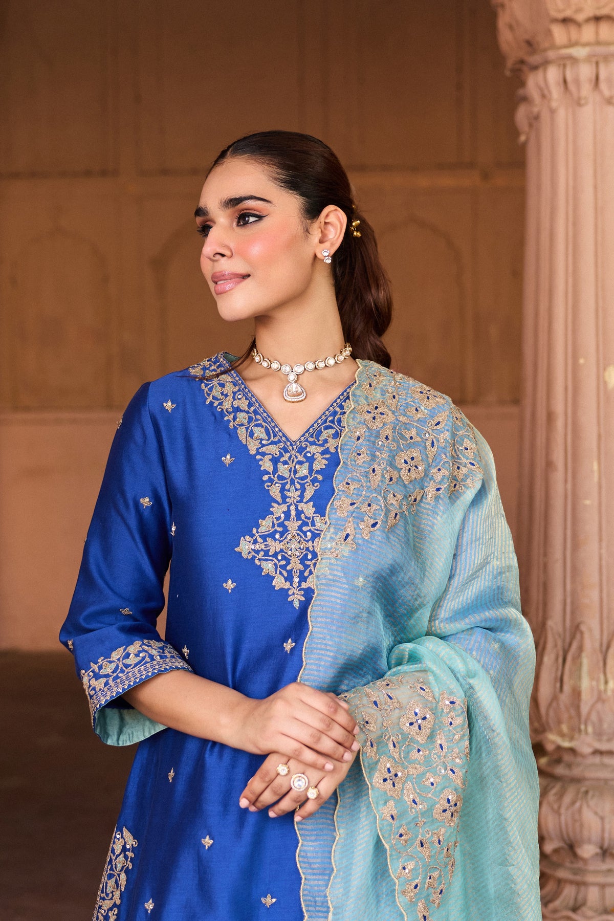 REET SILK CHANDERI HANDCRAFTED ROYAL BLUE KURTA SET WITH FARSHI SALWAR