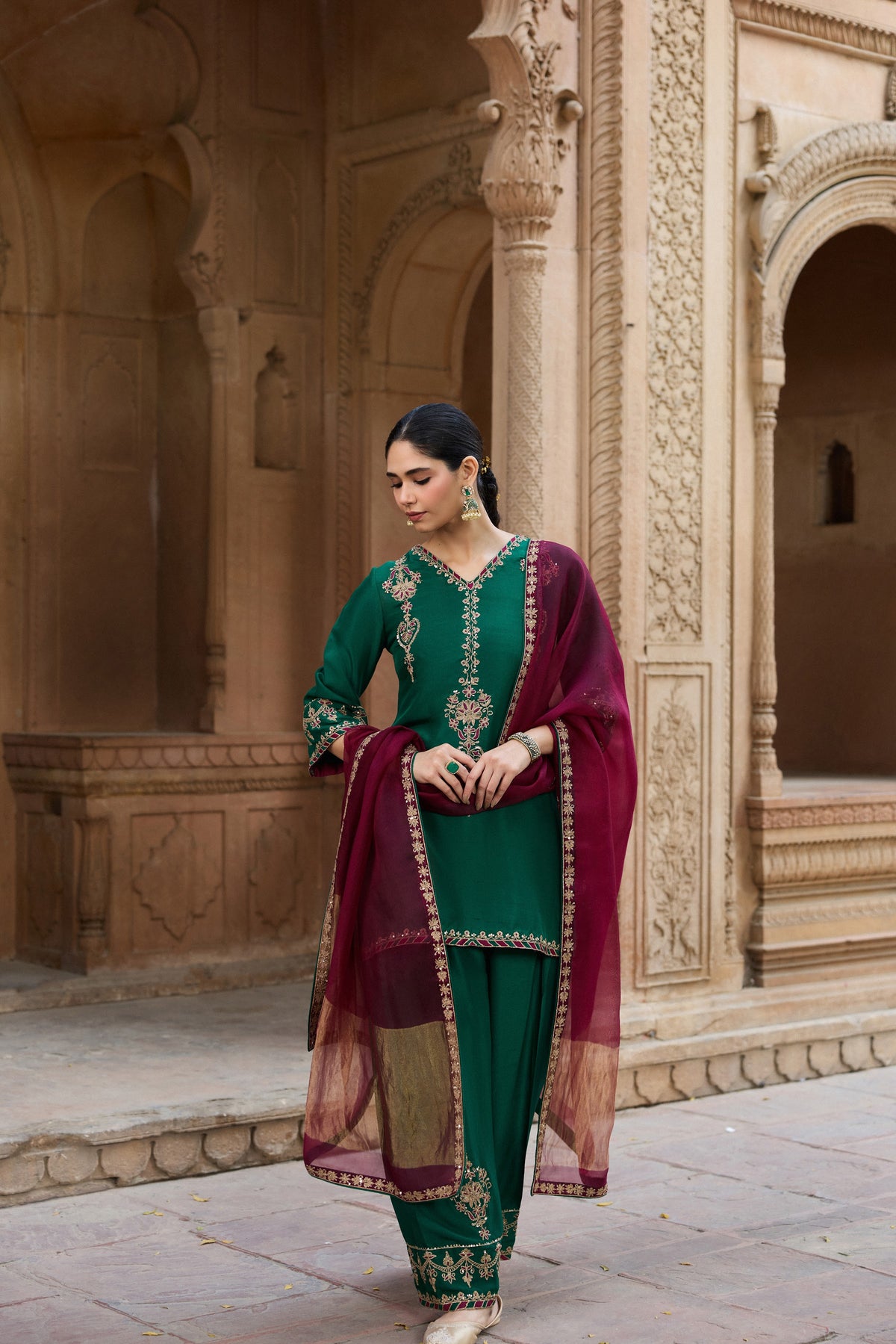 MEHRUNISA PURE SILK HANDCRAFTED EMERALD GREEN KURTA SET WITH FARSHI SALWAR