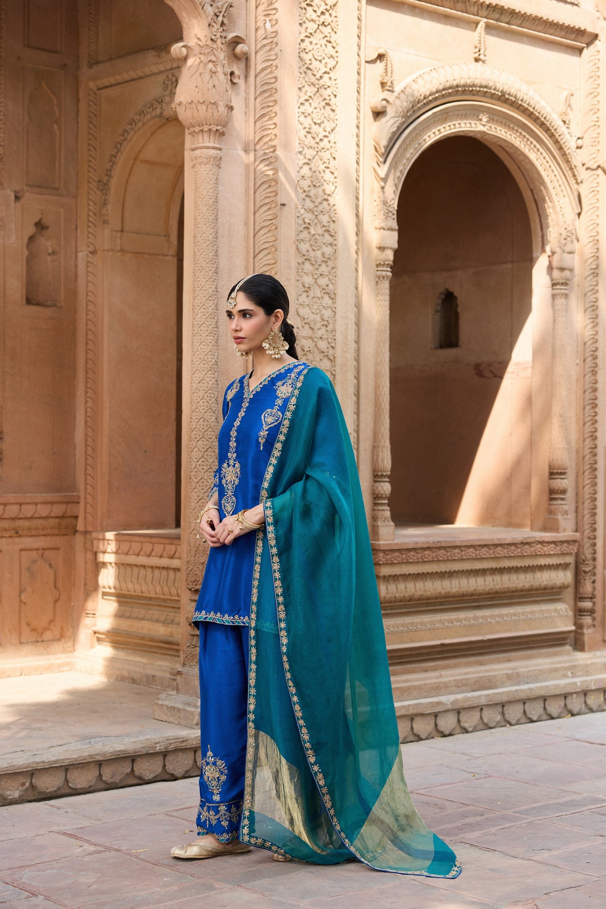 MEHRUNISA PURE SILK HANDCRAFTED ROYAL BLUE KURTA SET WITH FARSHI SALWAR