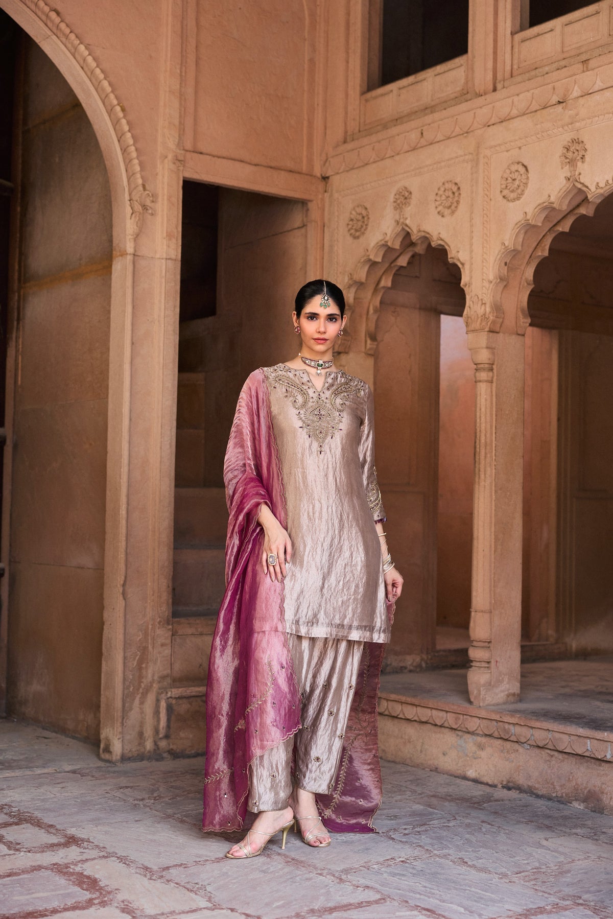 KHWAAB SILK TISSUE HANDCRAFTED SILVER A-LINE KURTA SET
