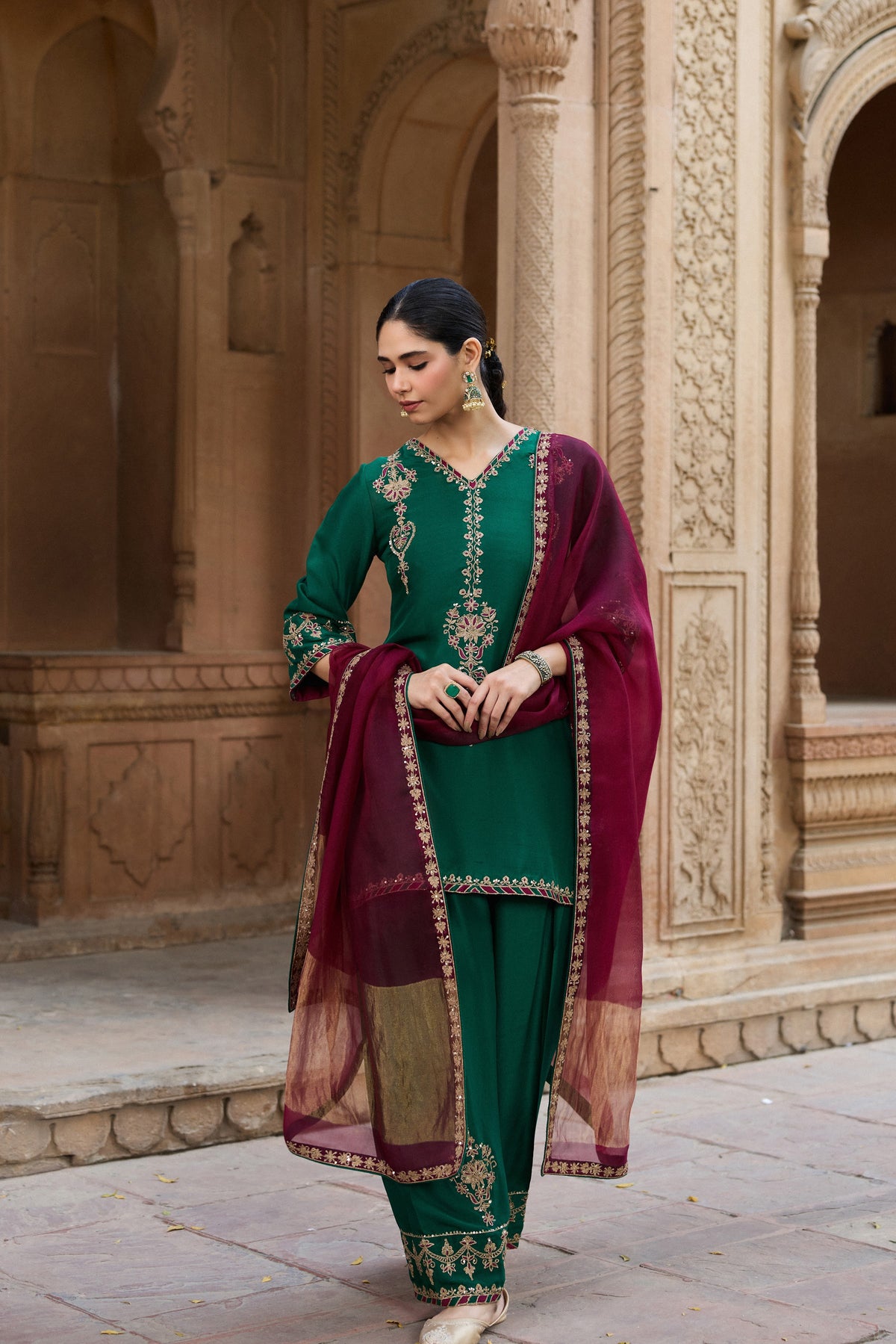 MEHRUNISA PURE SILK HANDCRAFTED EMERALD GREEN KURTA SET WITH FARSHI SALWAR
