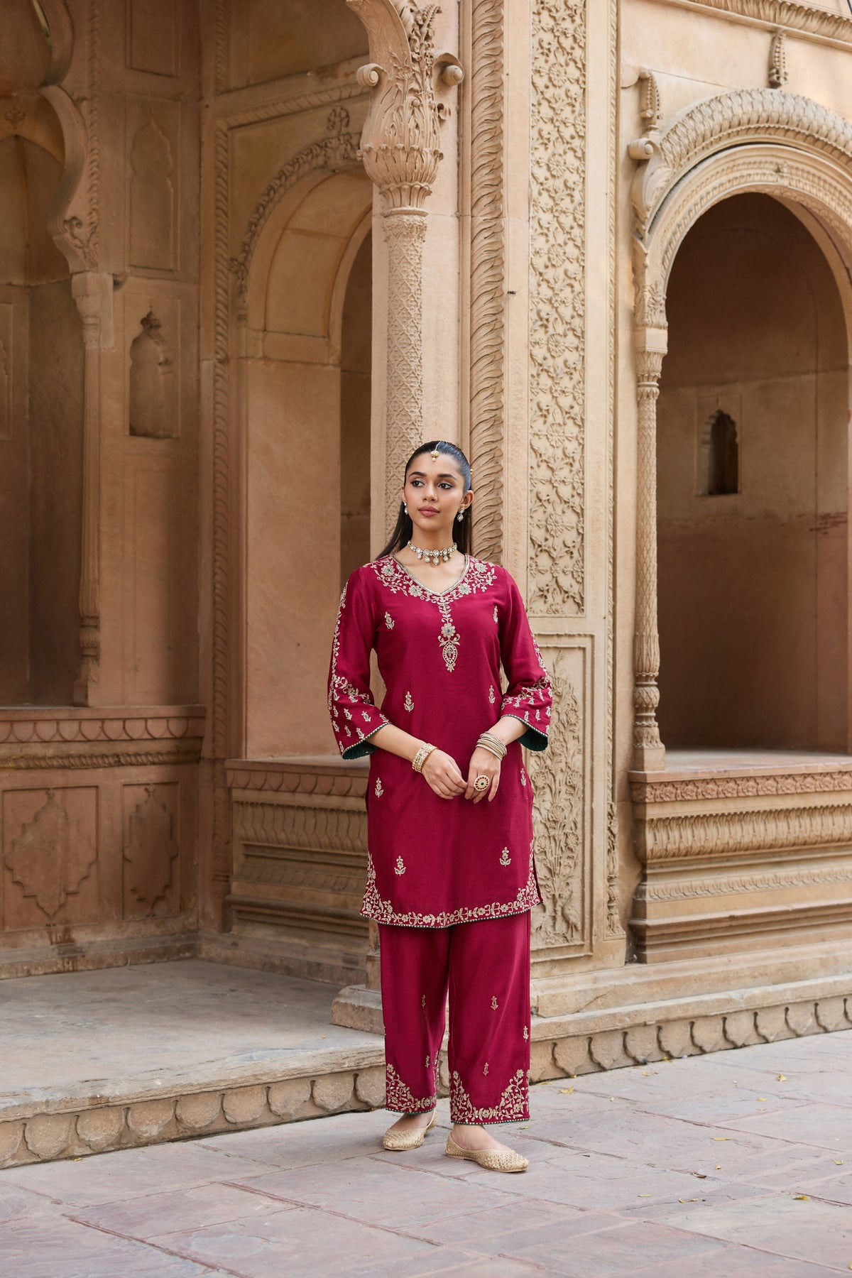 ASMI SILK CHANDERI HANDCRAFTED RED STRAIGHT KURTA SET