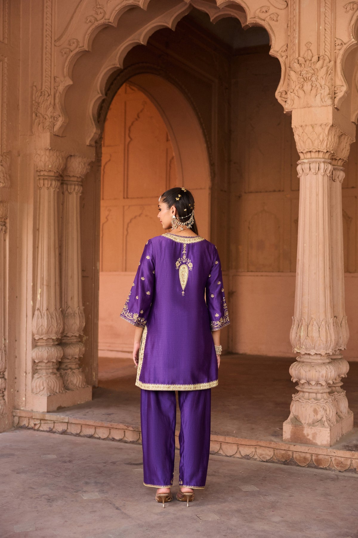 SHAHEEN SILK CHANDERI HANDCRAFTED PURPLE KURTA SET WITH FARSHI SALWAR