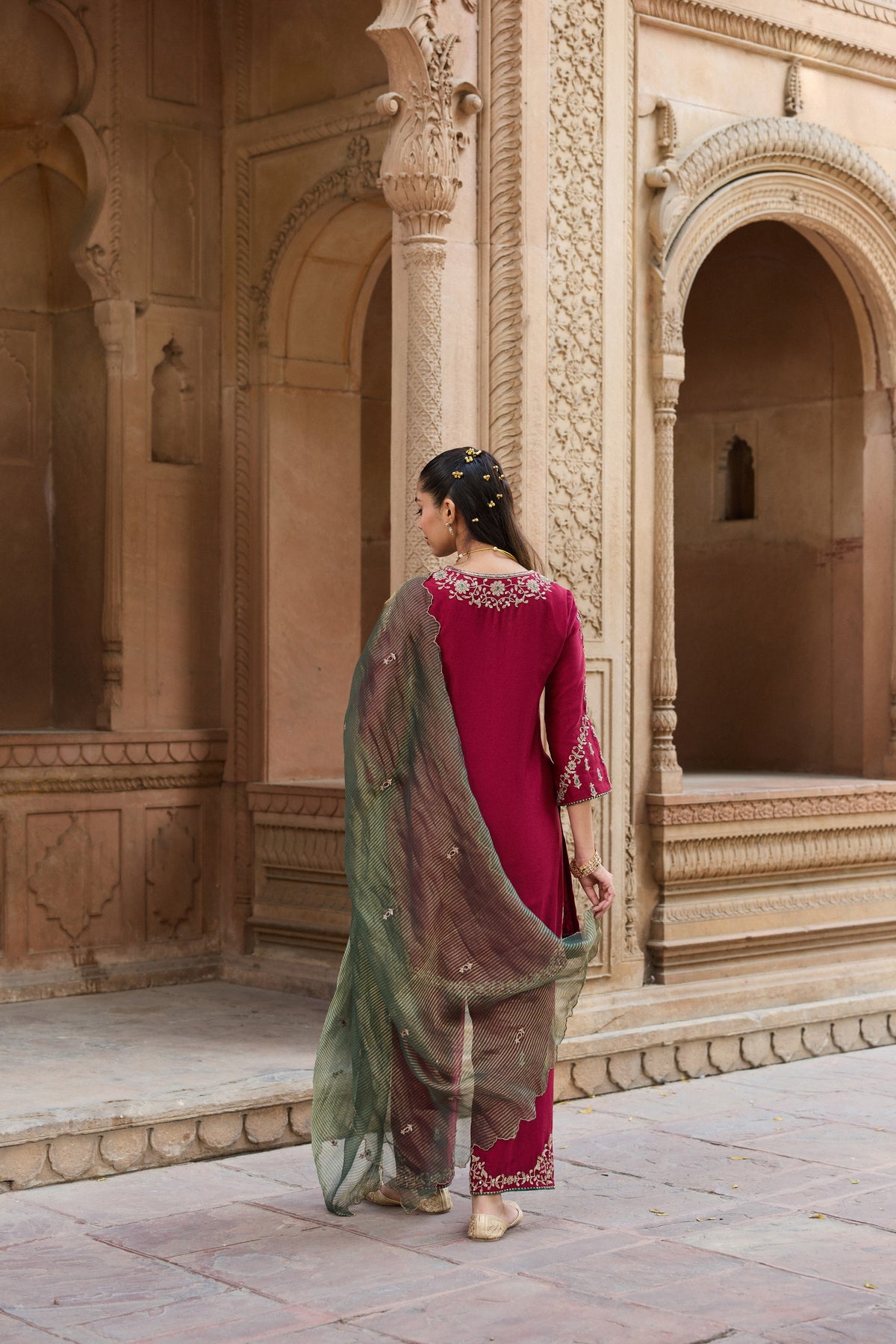 ASMI SILK CHANDERI HANDCRAFTED RED STRAIGHT KURTA SET