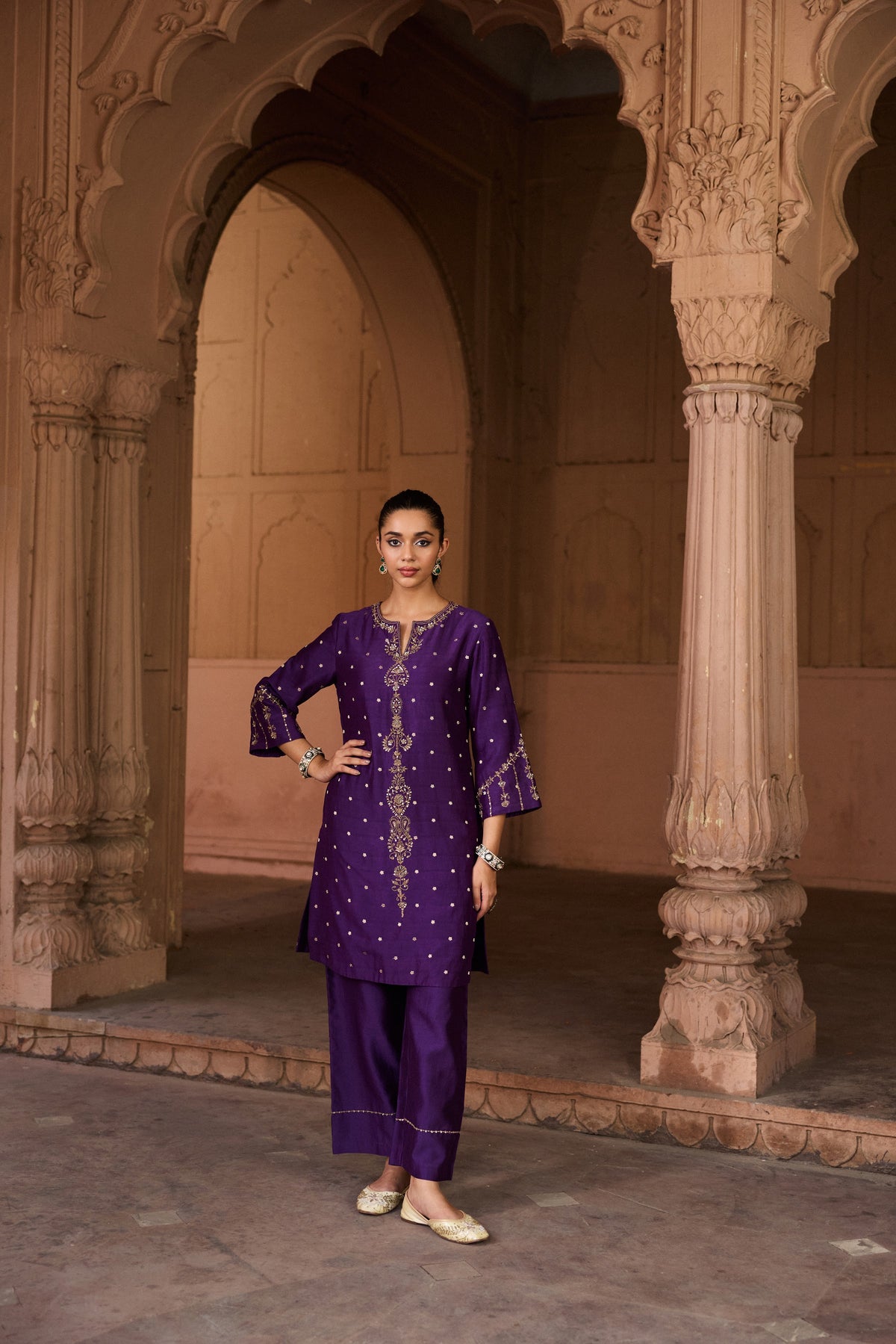 VEDA BANARASI CHANDERI JACQUARD HANDCRAFTED PURPLE STRAIGHT KURTA SET