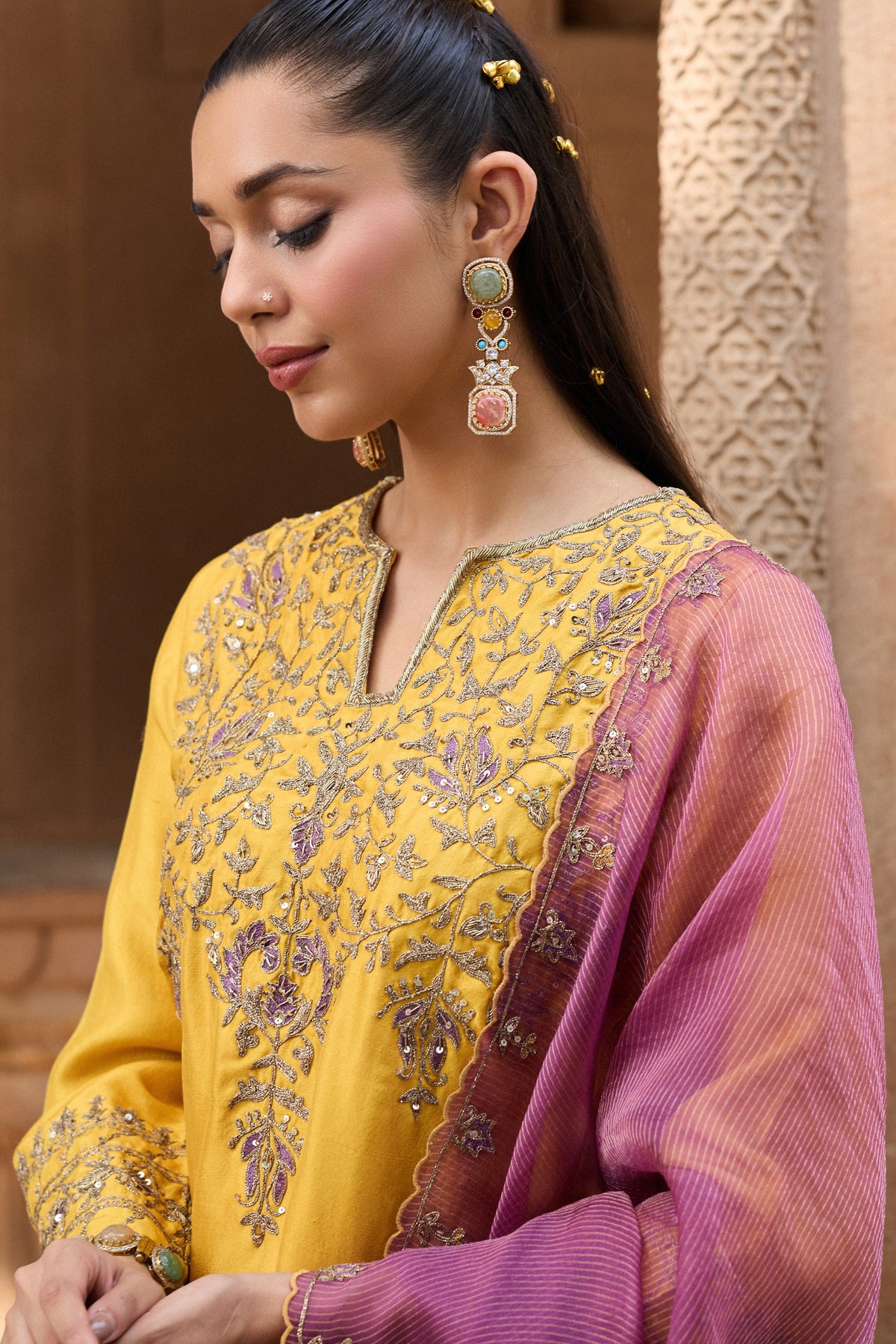 GHAZAL PURE SILK HANDCRAFTED YELLOW KURTA SET WITH SHARARA