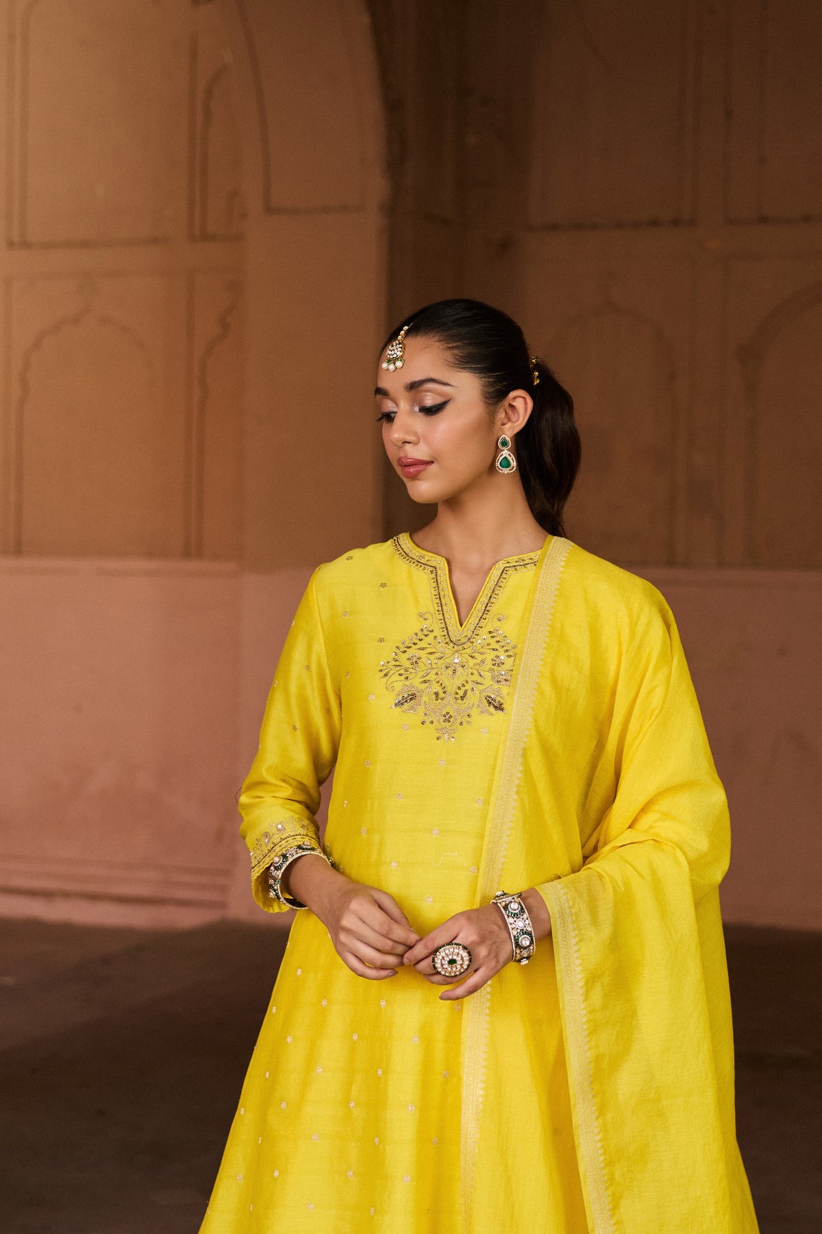 GAUHAR BANARASI SILK CHANDERI JACQUARD HANDCRAFTED YELLOW A-LINE KURTA SET