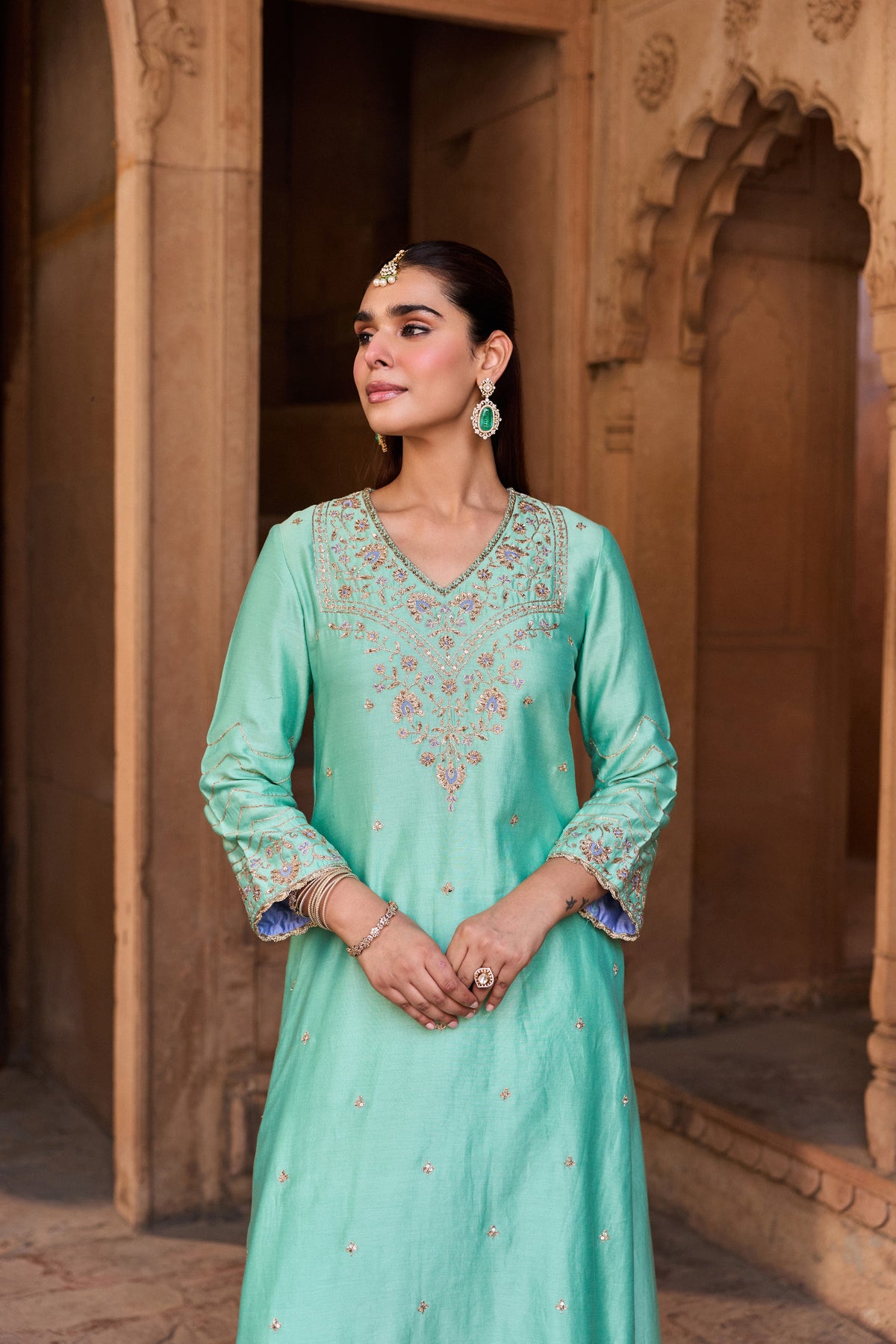 NANDINI SILK CHANDERI HANDCRAFTED TURQUOISE STRAIGHT KURTA SET