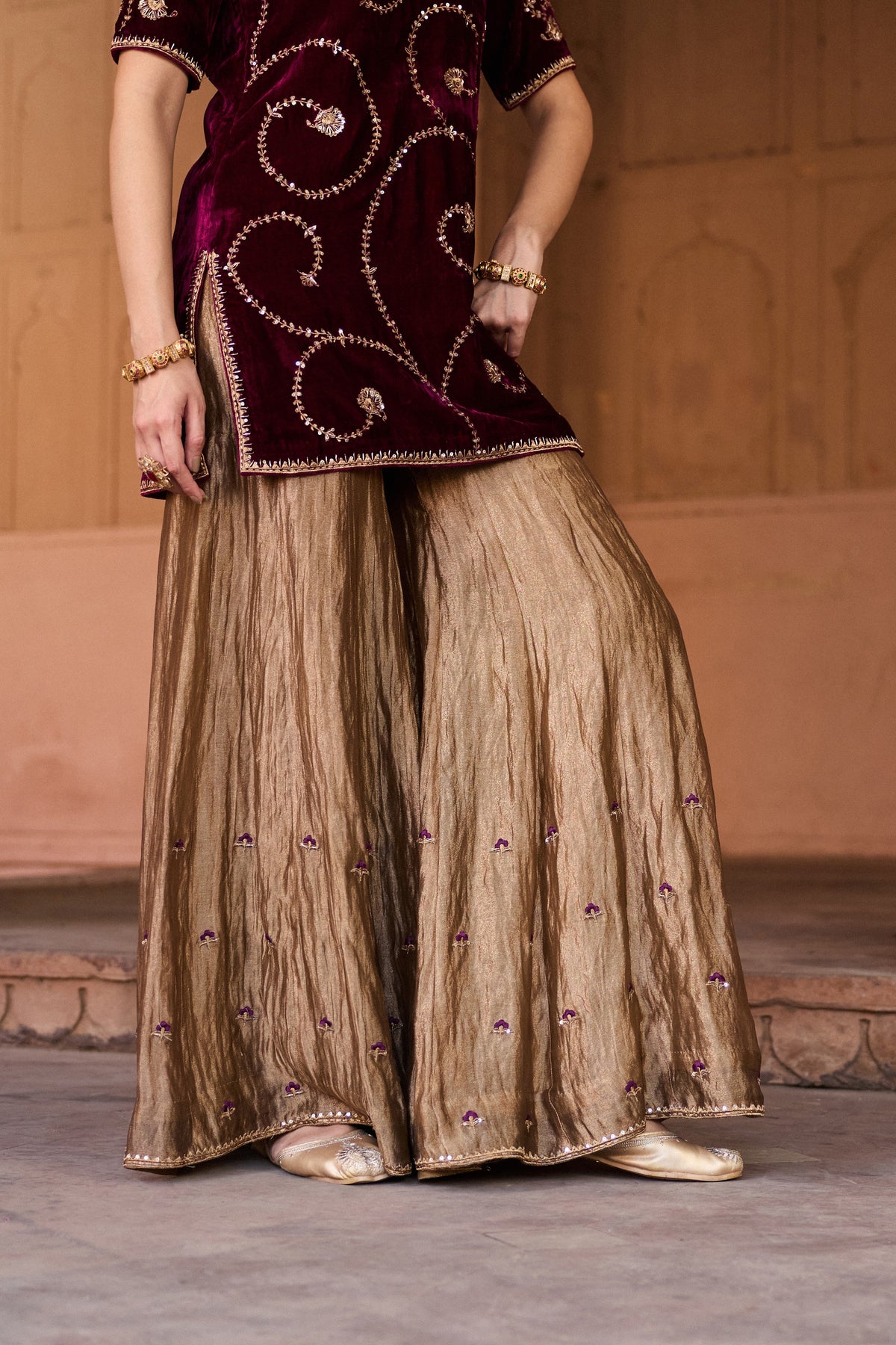 MALLIKA SILK VELVET HANDCRAFTED PLUM KURTA SET WITH SILK TISSUE GHARARA