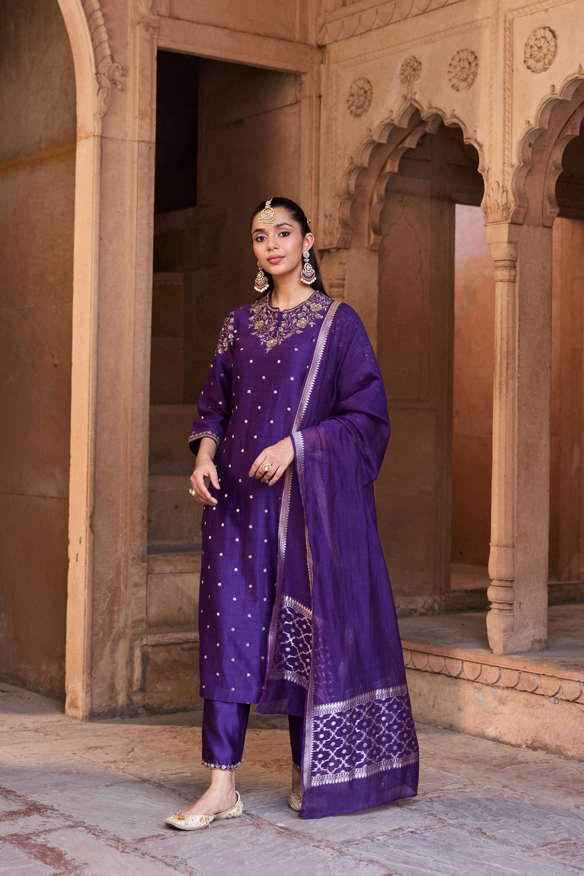 RUKMINI BANARASI CHANDERI JACQUARD HANDCRAFTED PURPLE STRAIGHT KURTA SET